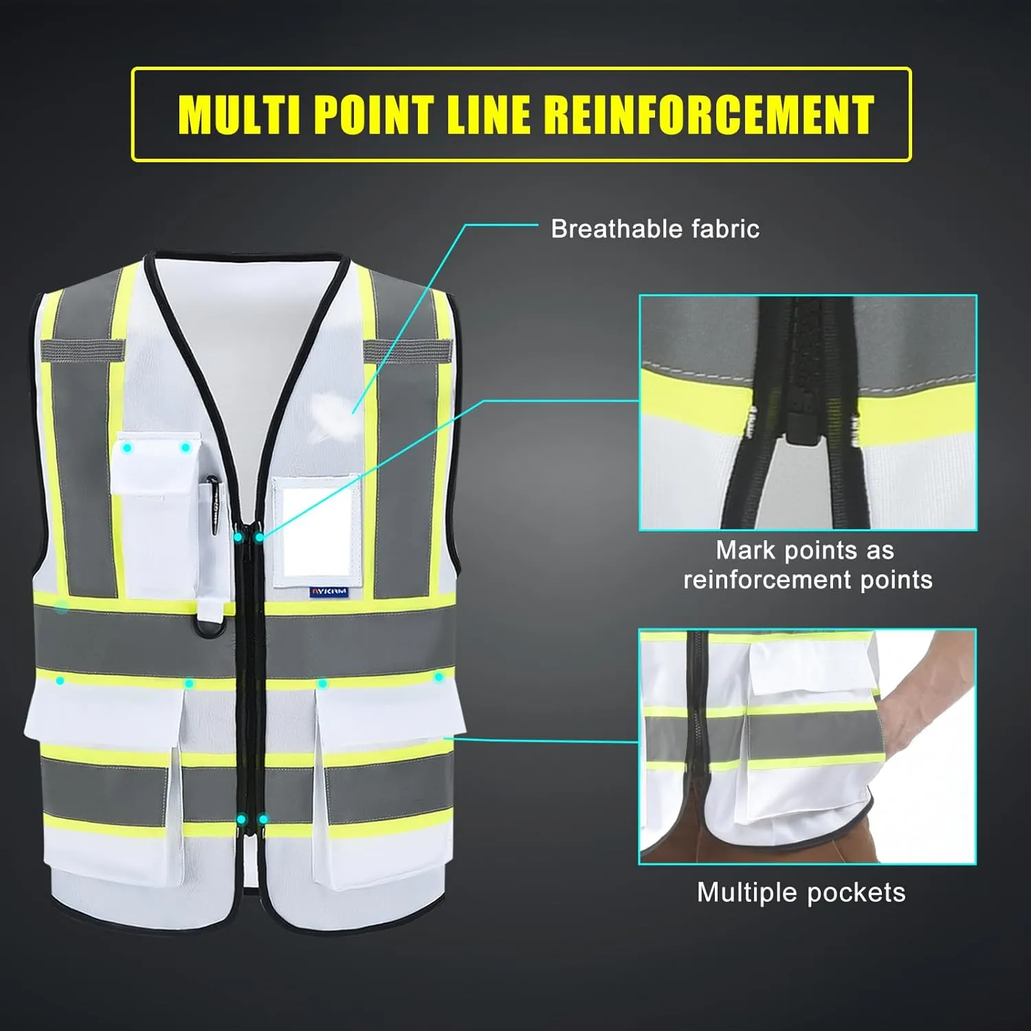 AYKRM 11 color High Vis Reflective Safety Vest for Women Men Security Pocket Zipper