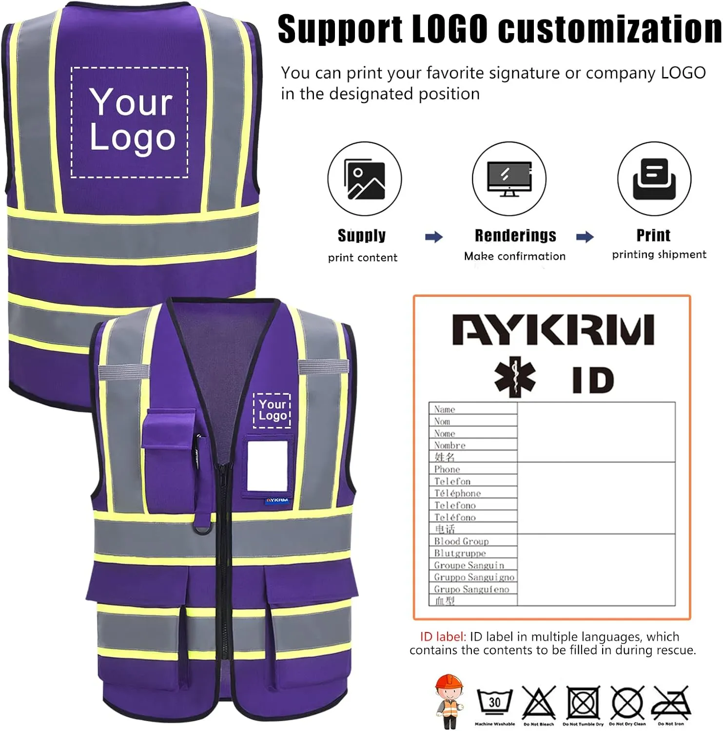 AYKRM 11 color High Vis Reflective Safety Vest for Women Men Security Pocket Zipper