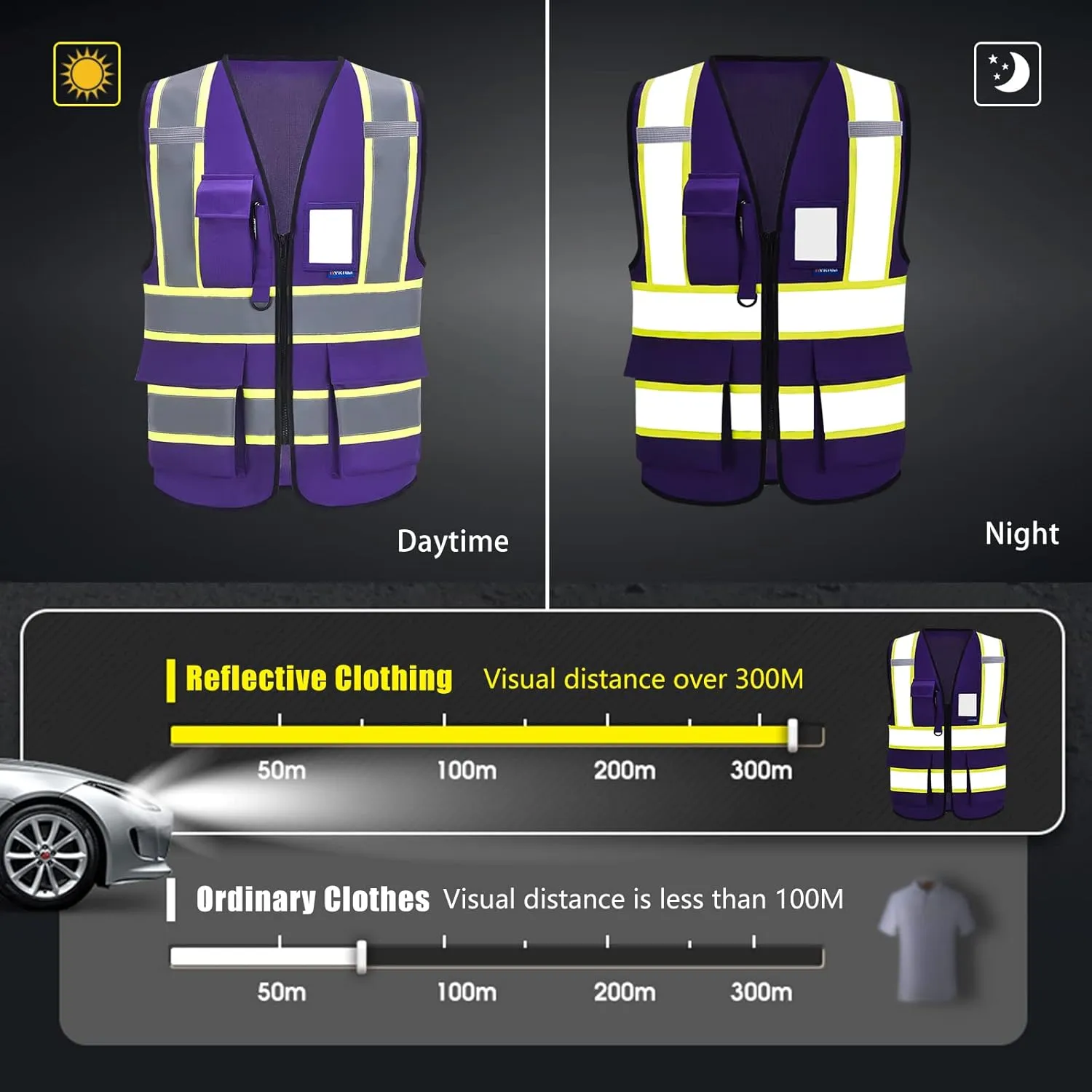 AYKRM 11 color High Vis Reflective Safety Vest for Women Men Security Pocket Zipper