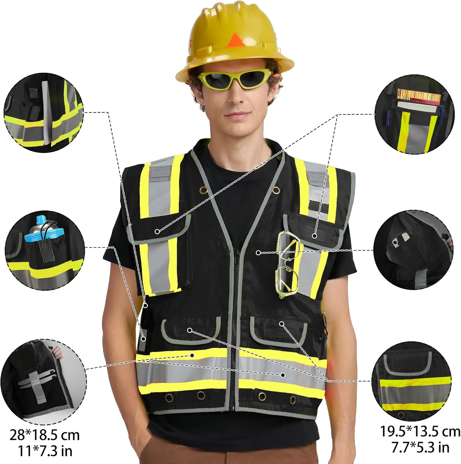 AYKRM Heavy Woven Two Tone Engineer High Vis Reflective work construction safety vest for men Class 2 with Cargo Pockets