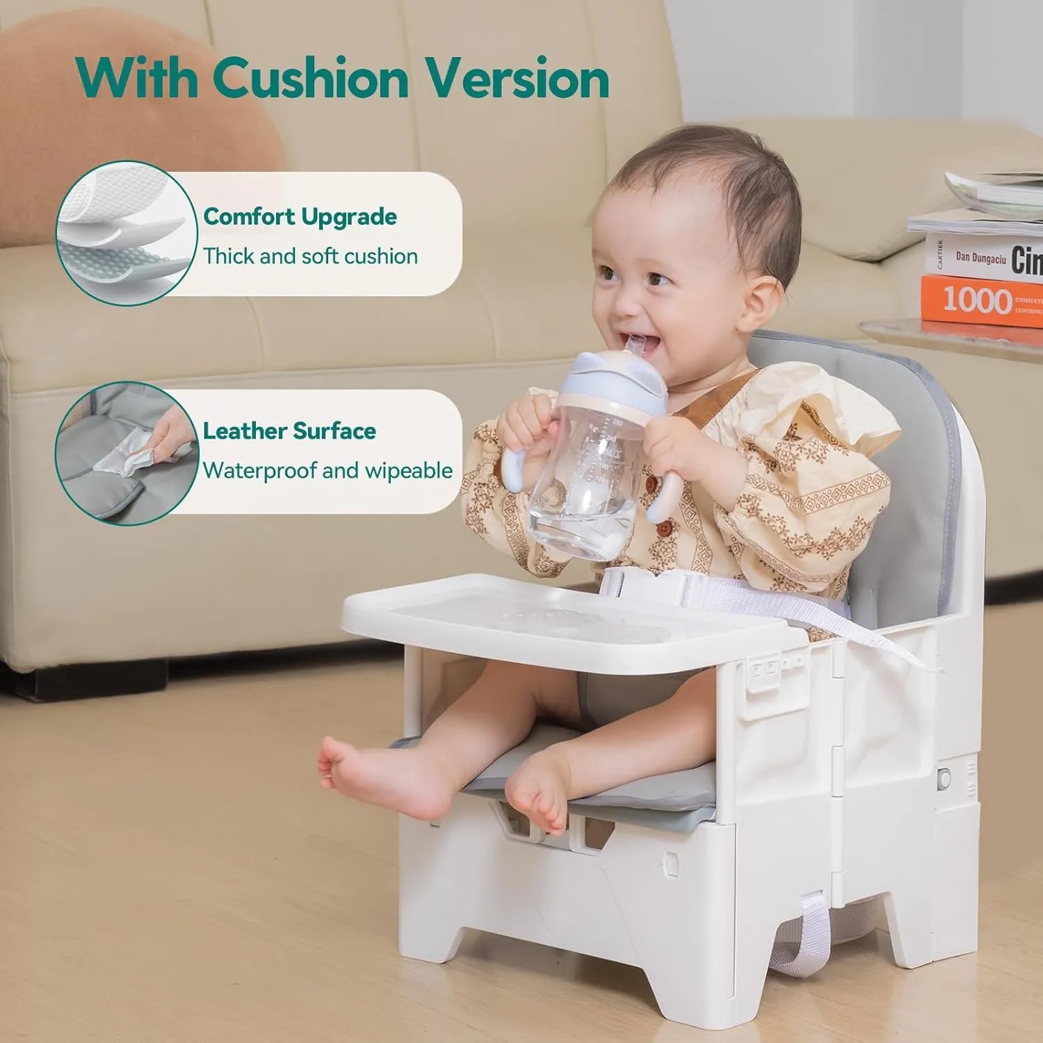BABELIO Portable Booster Seat for Kitchen Chair with PU Waterproof Cushion, Compact Folding High Baby Chair for Travel with Feeding Tray, Great for Baby, Dining Table, Camping, Beach, White Grey