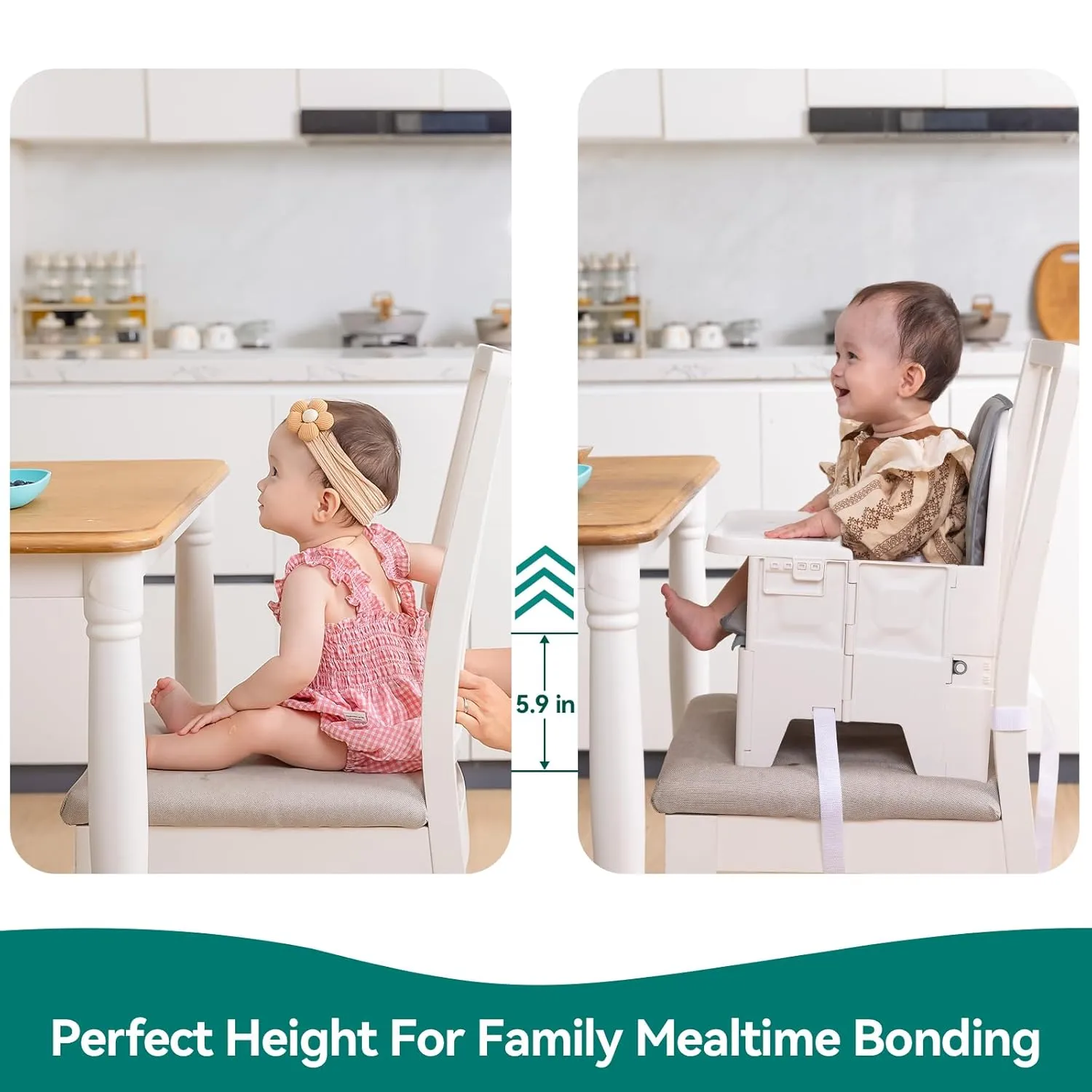 BABELIO Portable Booster Seat for Kitchen Chair with PU Waterproof Cushion, Compact Folding High Baby Chair for Travel with Feeding Tray, Great for Baby, Dining Table, Camping, Beach, White Grey