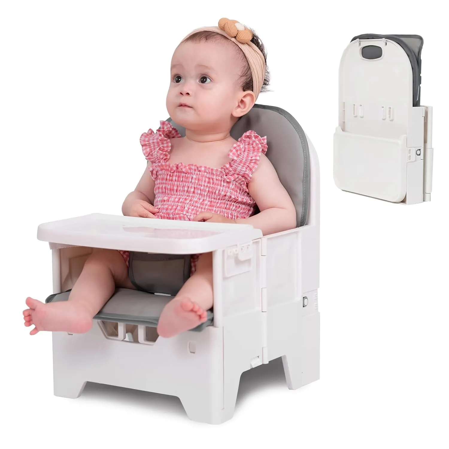BABELIO Portable Booster Seat for Kitchen Chair with PU Waterproof Cushion, Compact Folding High Baby Chair for Travel with Feeding Tray, Great for Baby, Dining Table, Camping, Beach, White Grey