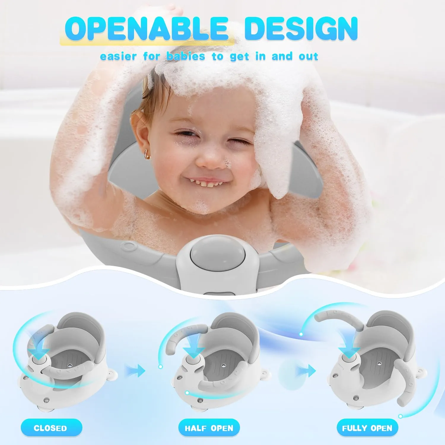 Baby Bath Seat for Babies 6 Months & Up, Bath Seats for Babies Sitting Up, 3 Baby Bath Toys, Open Design, Non-Slip, Compact Toddler Bath Seat.
