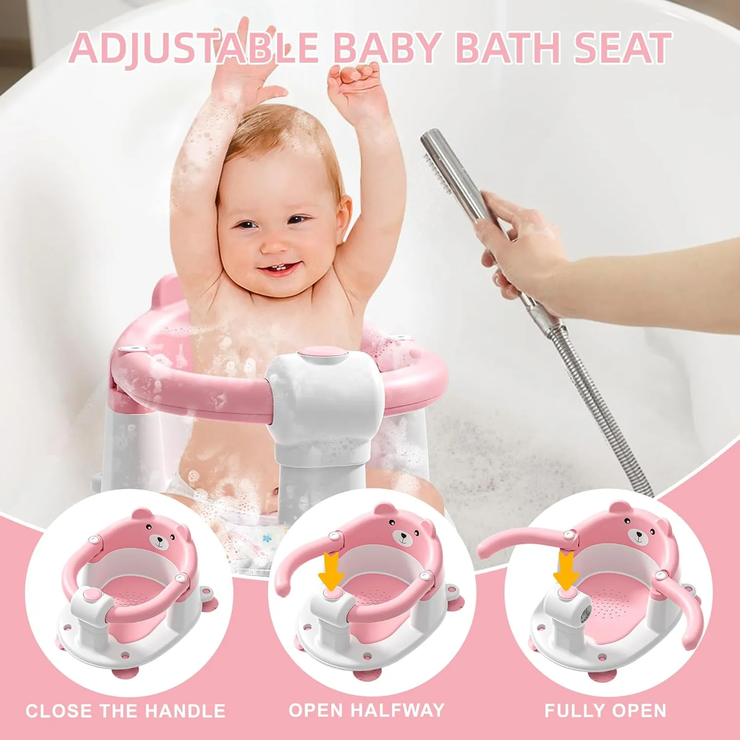 Baby Bath Seat for Babies 6 Months & Up, Toddler Bath Seats for Babies Sitting Up, Non-Slip Infant Bath Tub Chair with 4 Suction Cups & Soft Cushion for Shower, Compact Toddler Bathtub Seat, Pink