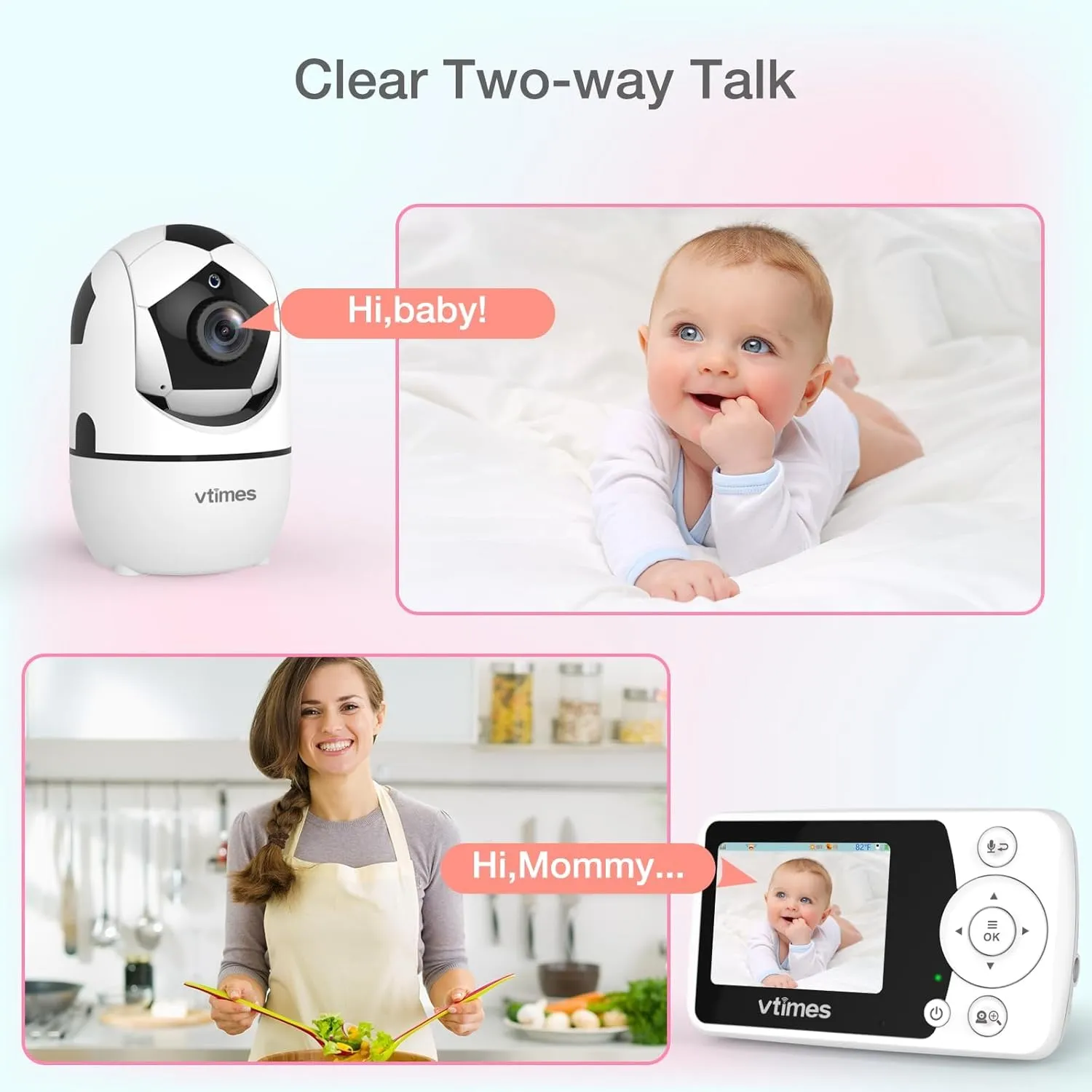 Baby Monitor with Camera and Audio, 2.4'' LCD Screen, Video Baby Monitor No WiFi Night Vision VOX Mode Pan-Tilt-Zoom Temperature Display Two-Way Audio Lullabies Feeding Alarm and 1000ft Range