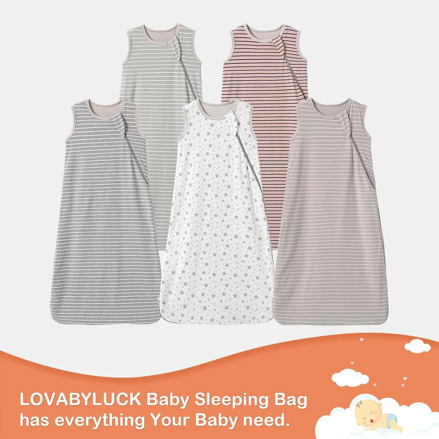 Baby Sleep Sack 100% Cotton Sleeveless Infant Wearable Blanket 2-way J-shaped zipper 1.0 TOG