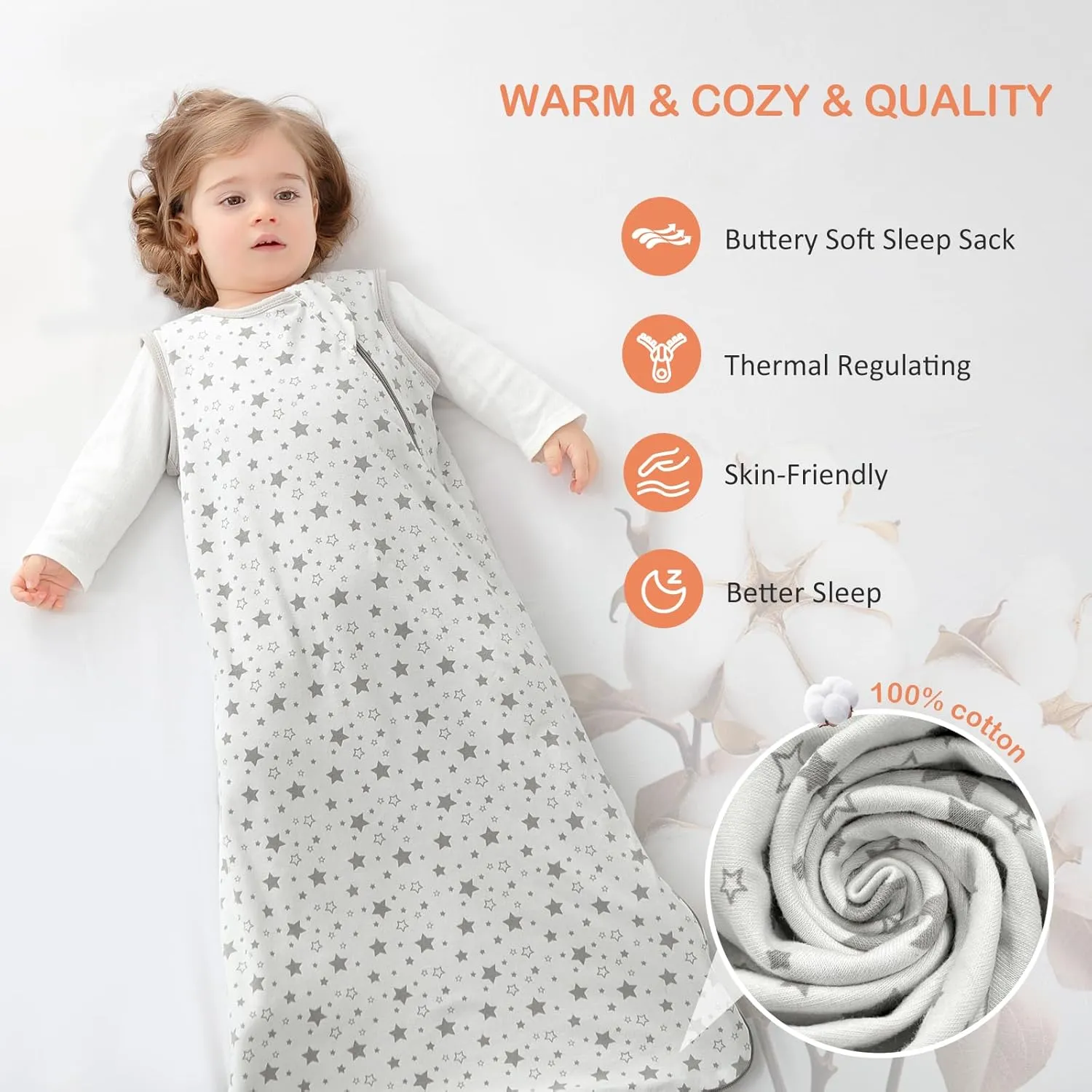 Baby Sleep Sack 100% Cotton Sleeveless Infant Wearable Blanket 2-way J-shaped zipper 1.0 TOG