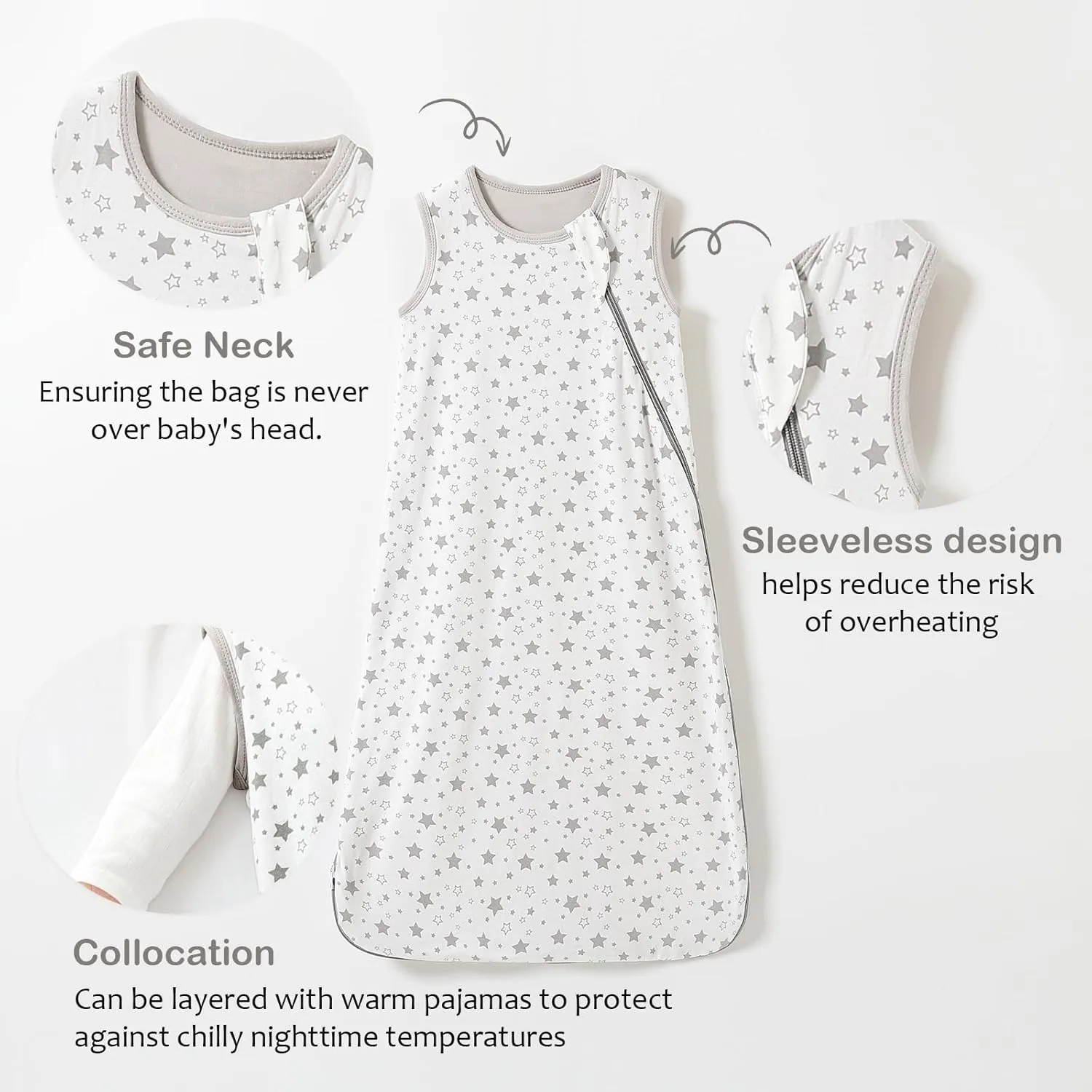 Baby Sleep Sack 100% Cotton Sleeveless Infant Wearable Blanket 2-way J-shaped zipper 1.0 TOG