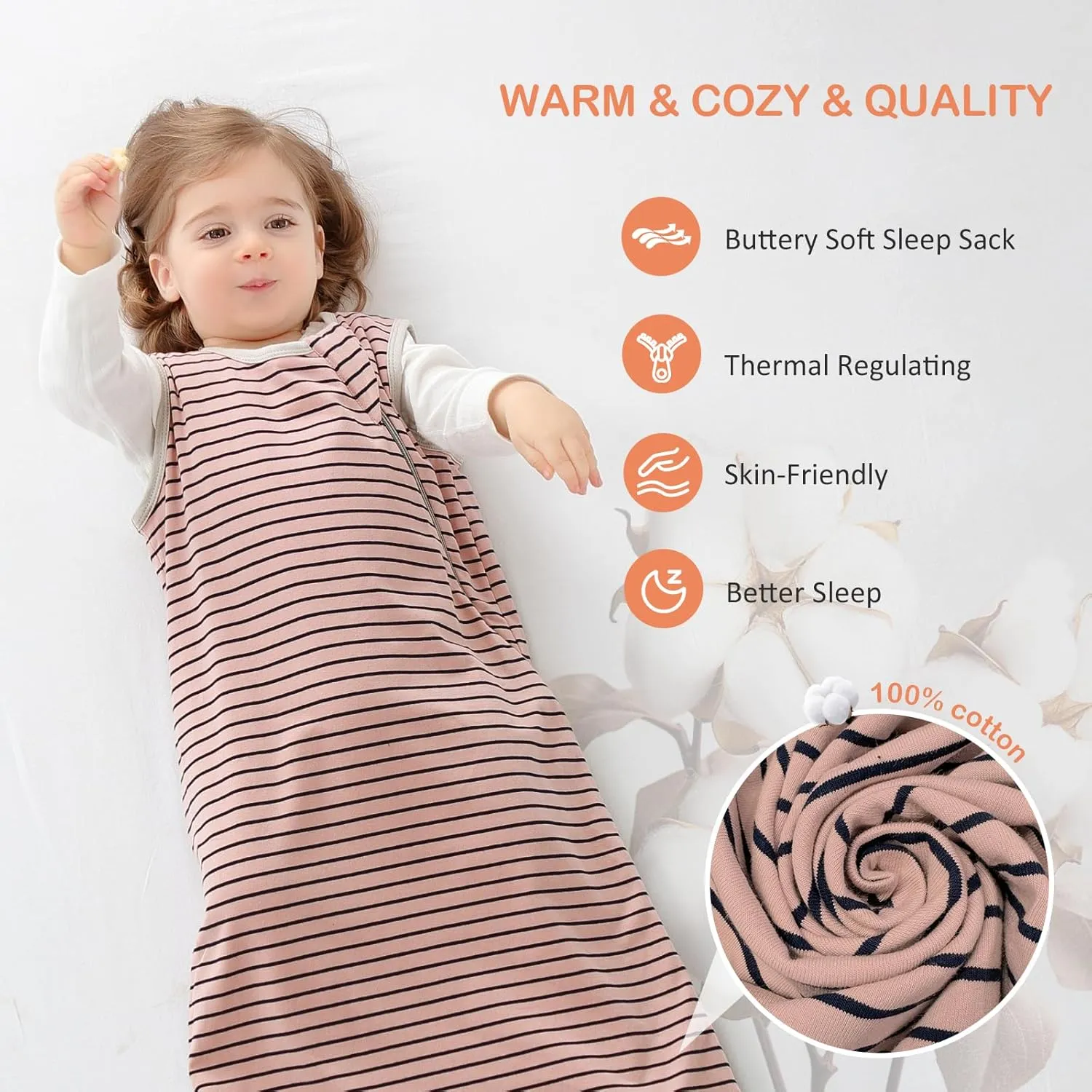Baby Sleep Sack 100% Cotton Sleeveless Infant Wearable Blanket 2-way J-shaped zipper 1.0 TOG