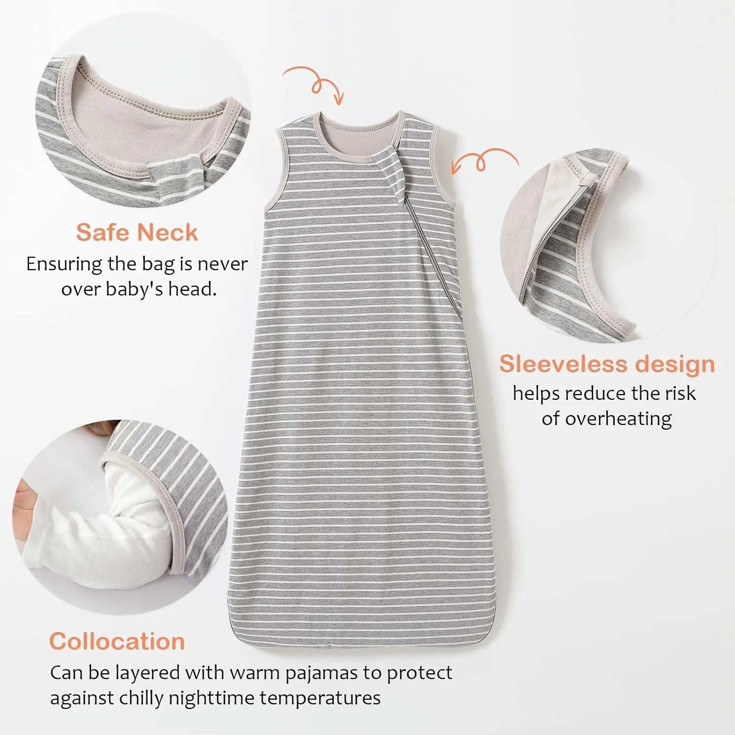Baby Sleep Sack 100% Cotton Sleeveless Infant Wearable Blanket 2-way J-shaped zipper 1.0 TOG