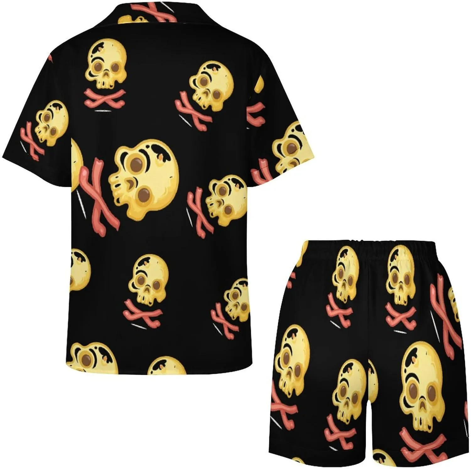 Bacon & Eggs Skull & Crossbones Women's Satin Pajama Set Short Sleeve Button Down Sleepwear Loungewear Pj Set