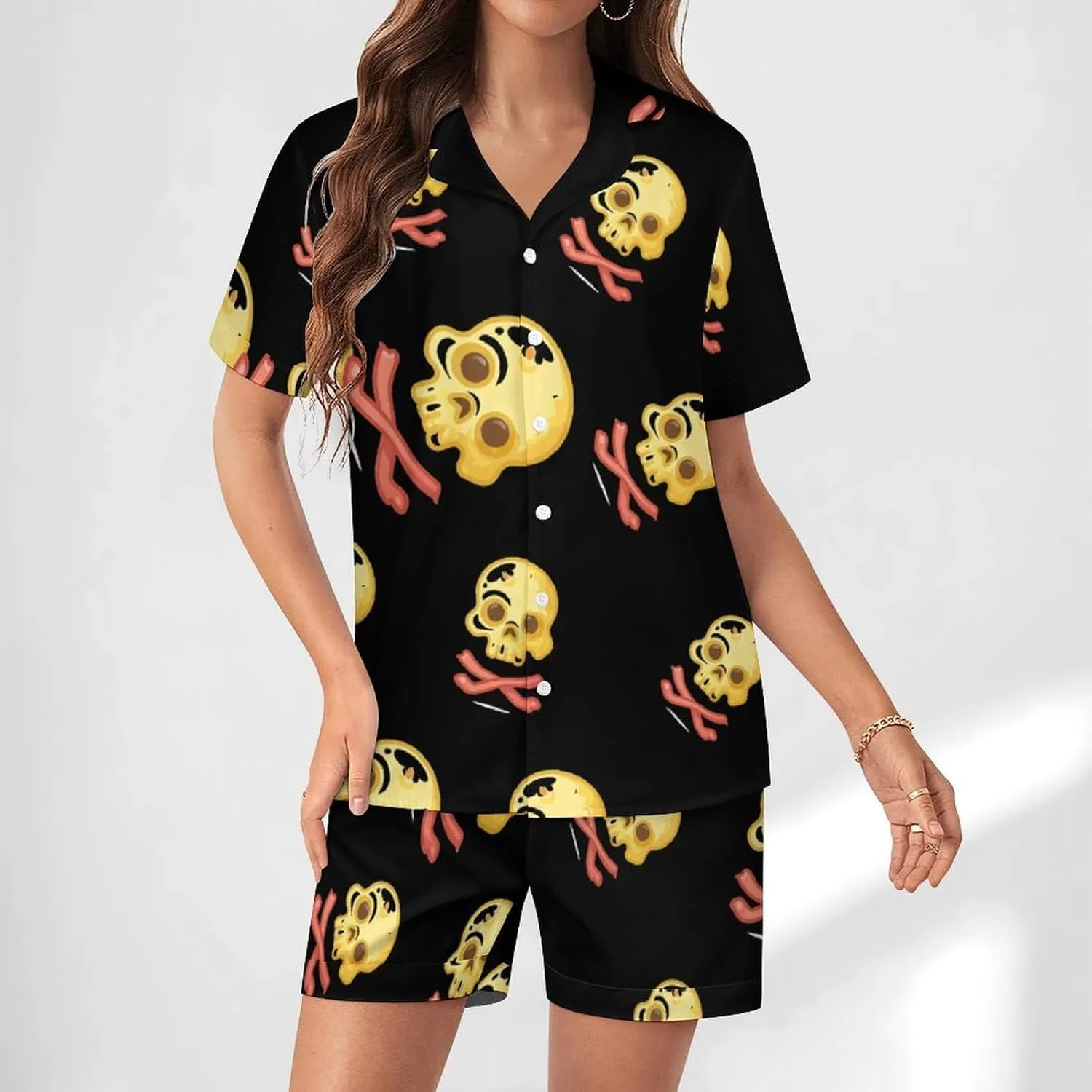 Bacon & Eggs Skull & Crossbones Women's Satin Pajama Set Short Sleeve Button Down Sleepwear Loungewear Pj Set