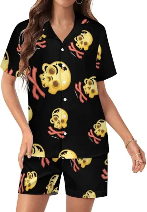 Bacon & Eggs Skull & Crossbones Women's Satin Pajama Set Short Sleeve Button Down Sleepwear Loungewear Pj Set