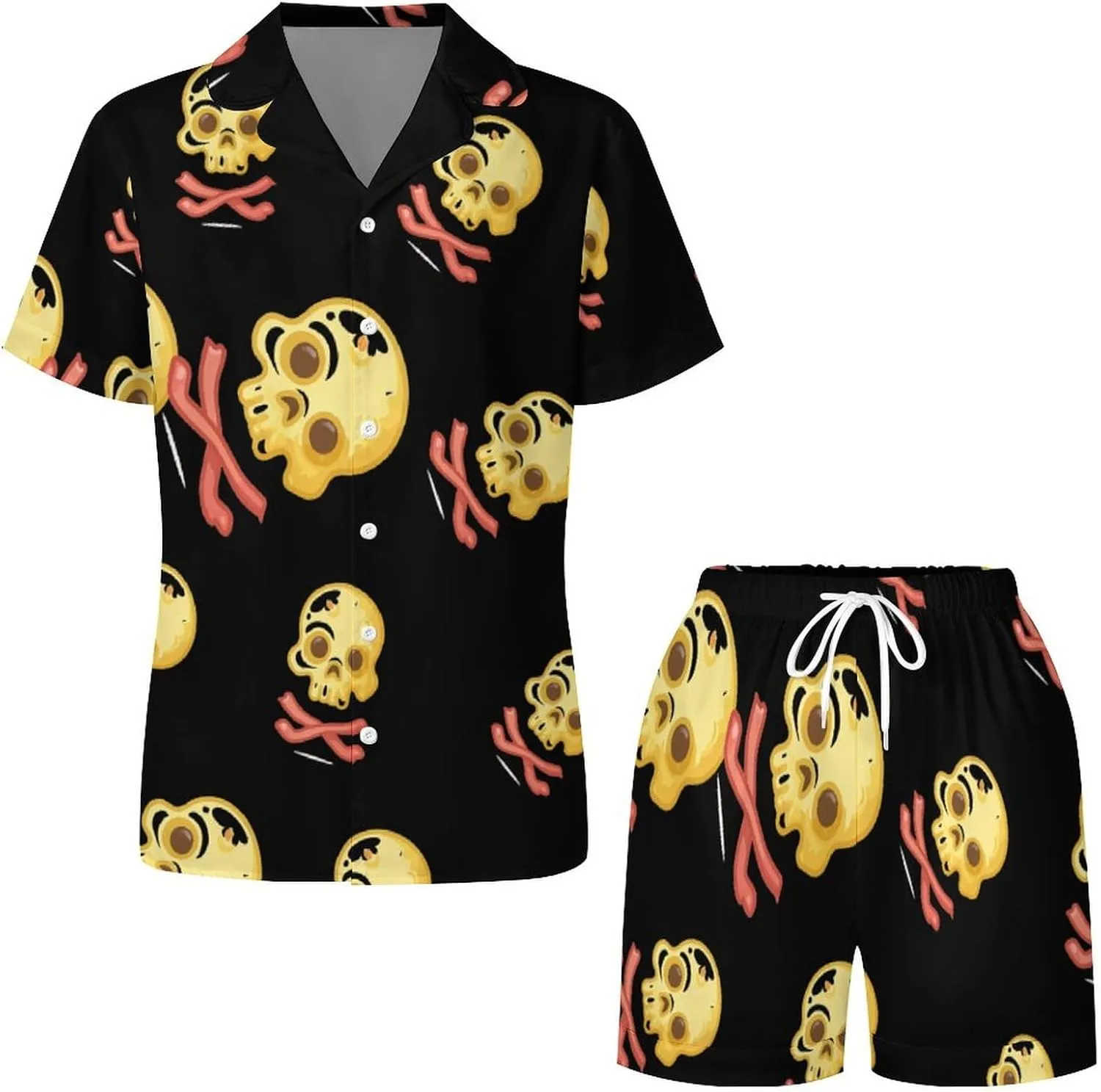 Bacon & Eggs Skull & Crossbones Women's Satin Pajama Set Short Sleeve Button Down Sleepwear Loungewear Pj Set