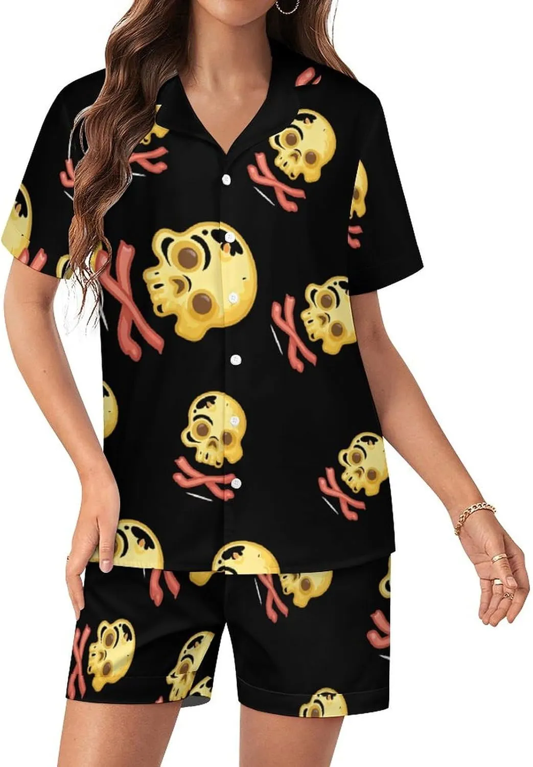 Bacon & Eggs Skull & Crossbones Women's Satin Pajama Set Short Sleeve Button Down Sleepwear Loungewear Pj Set