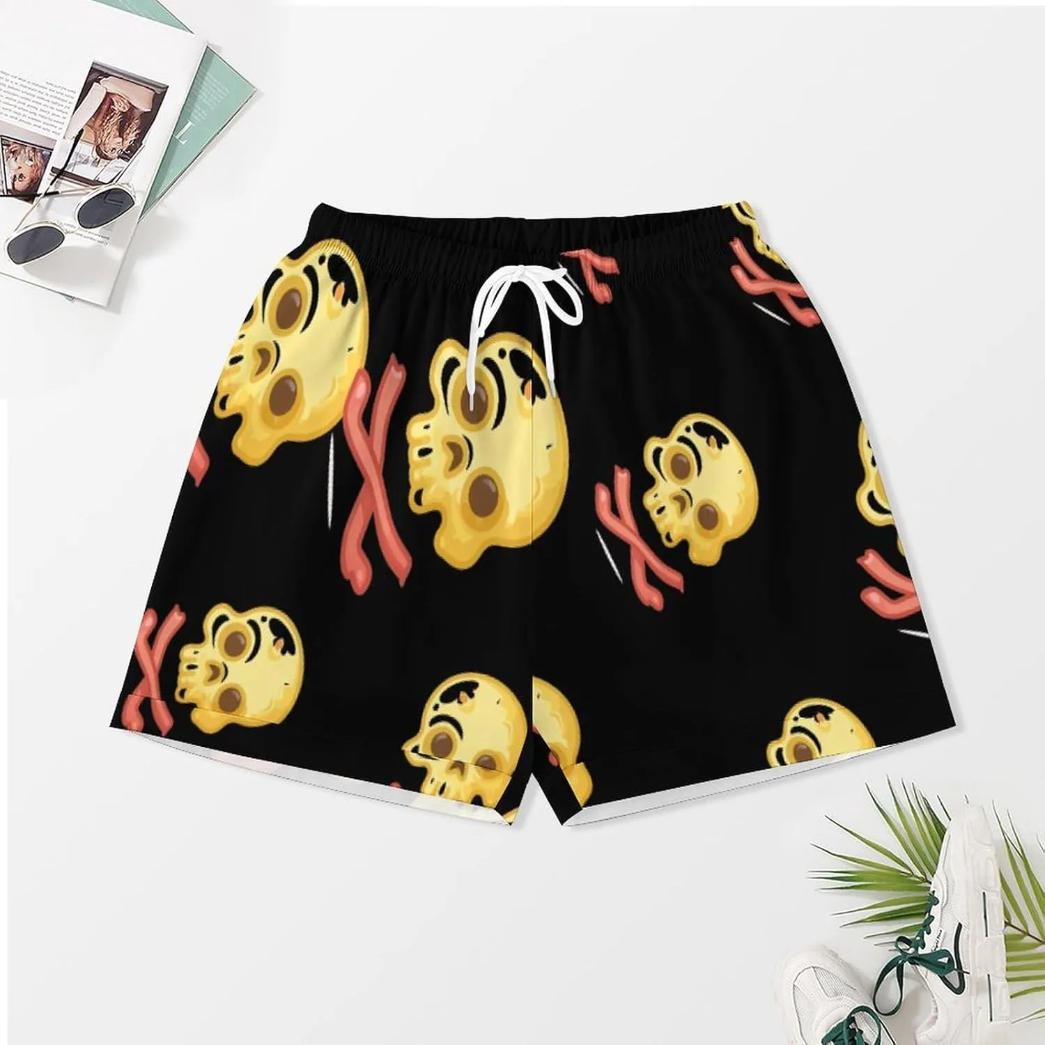 Bacon & Eggs Skull & Crossbones Women's Satin Pajama Set Short Sleeve Button Down Sleepwear Loungewear Pj Set