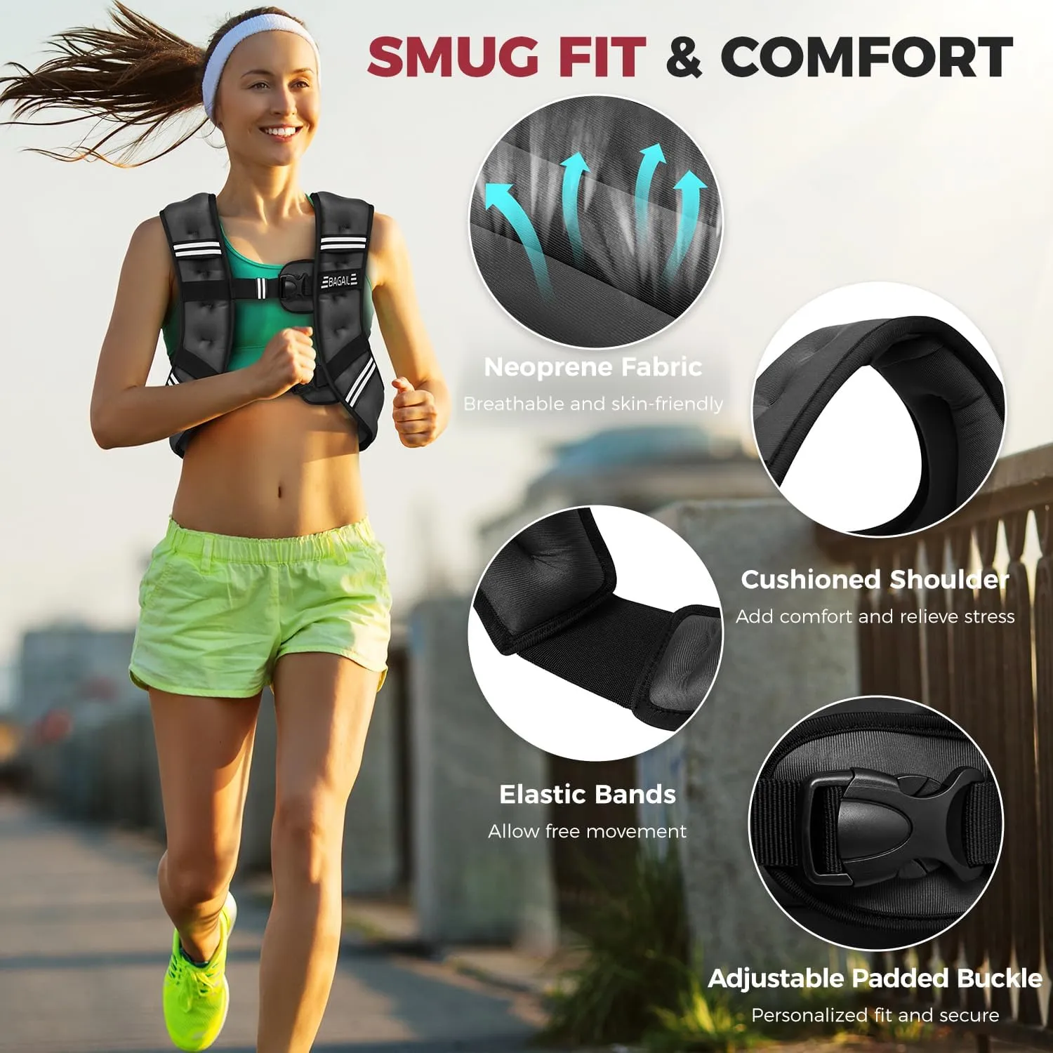 BAGAIL Weighted Vest, 5lbs/10lbs/12lbs/15lbs/20lbs/25lbs/30lbs Weight Vest with Detachable Phone Pouch, Rucking Vest for Women, Men, Walking, Weight Loss, Training, Running