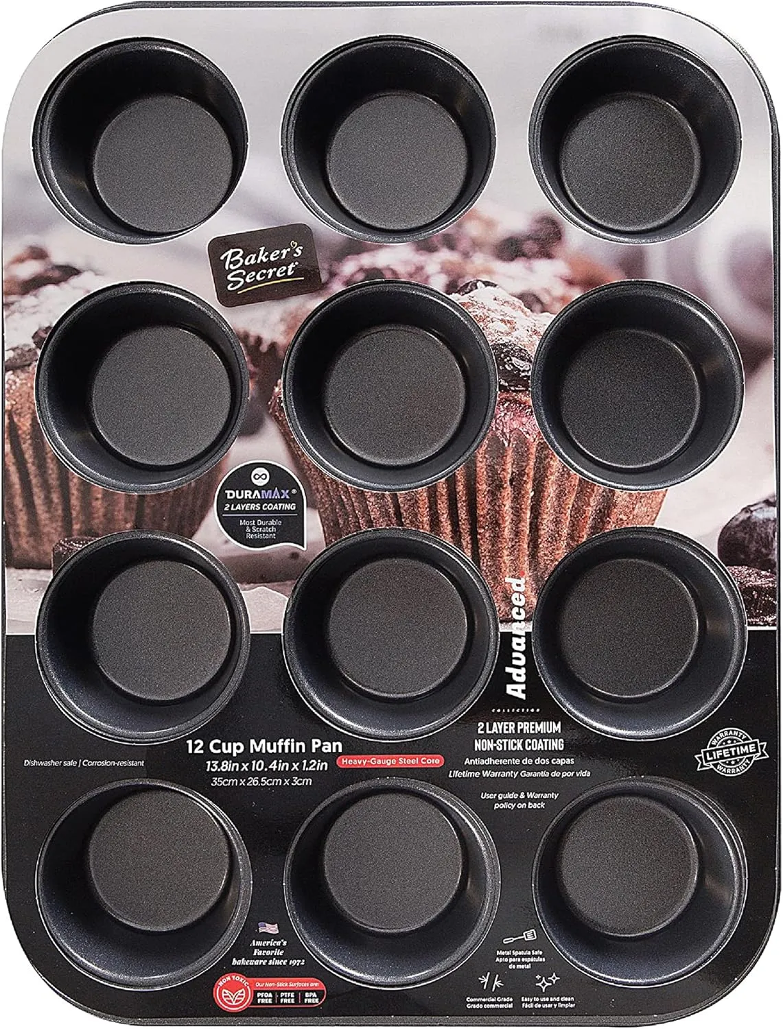 Baker's Secret 12cup Muffin Pan Cupcake Nonstick Pan - Carbon Steel Pan Muffins Cupcakes 2 Layers Non Stick Coating Easy Release Dishwasher Safe DIY Bakeware Baking Supplies - Advanced Collection