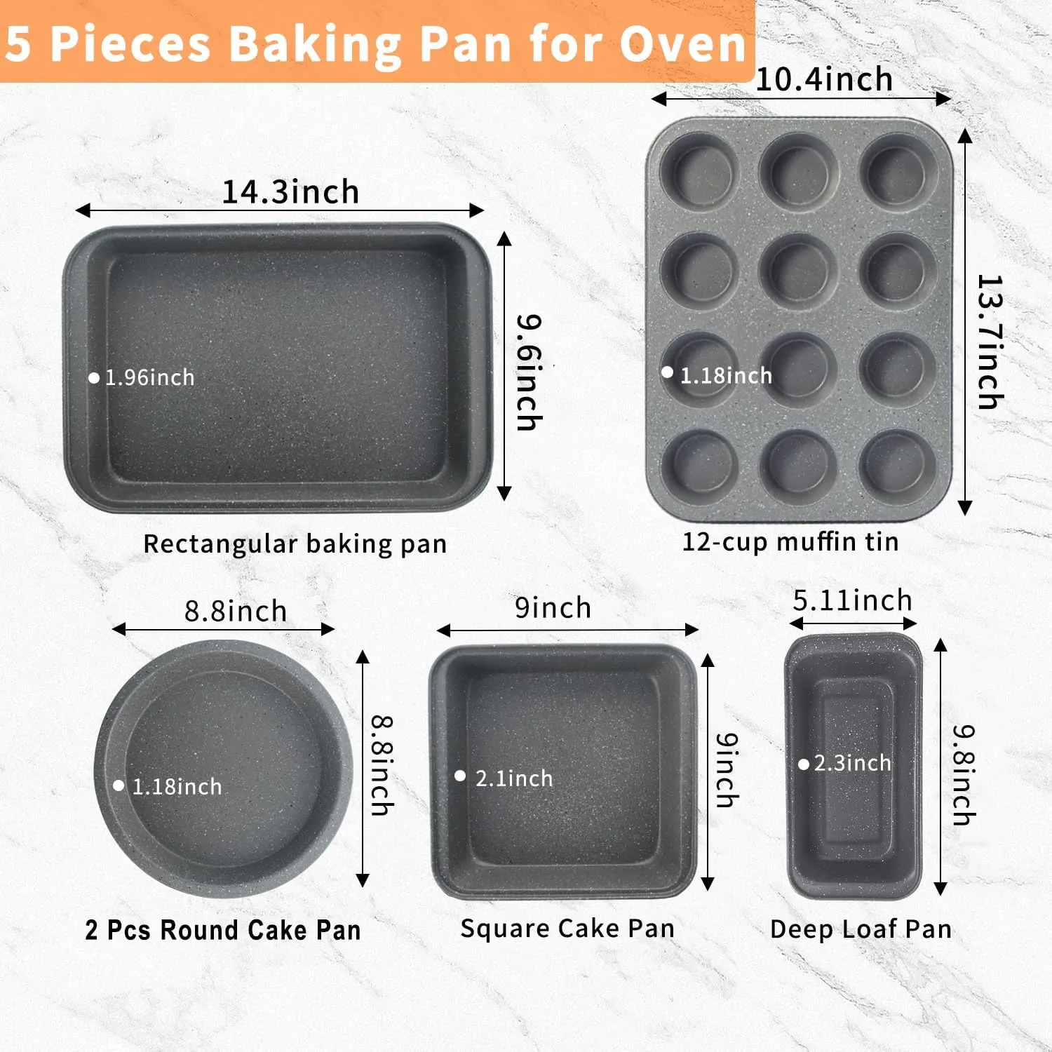 Bakeware Sets Stackable for Toaster Oven, 6 Piece Baking Pans Set Marble Coating Holiday Gifts for Kitchen, Sprinkles Gray