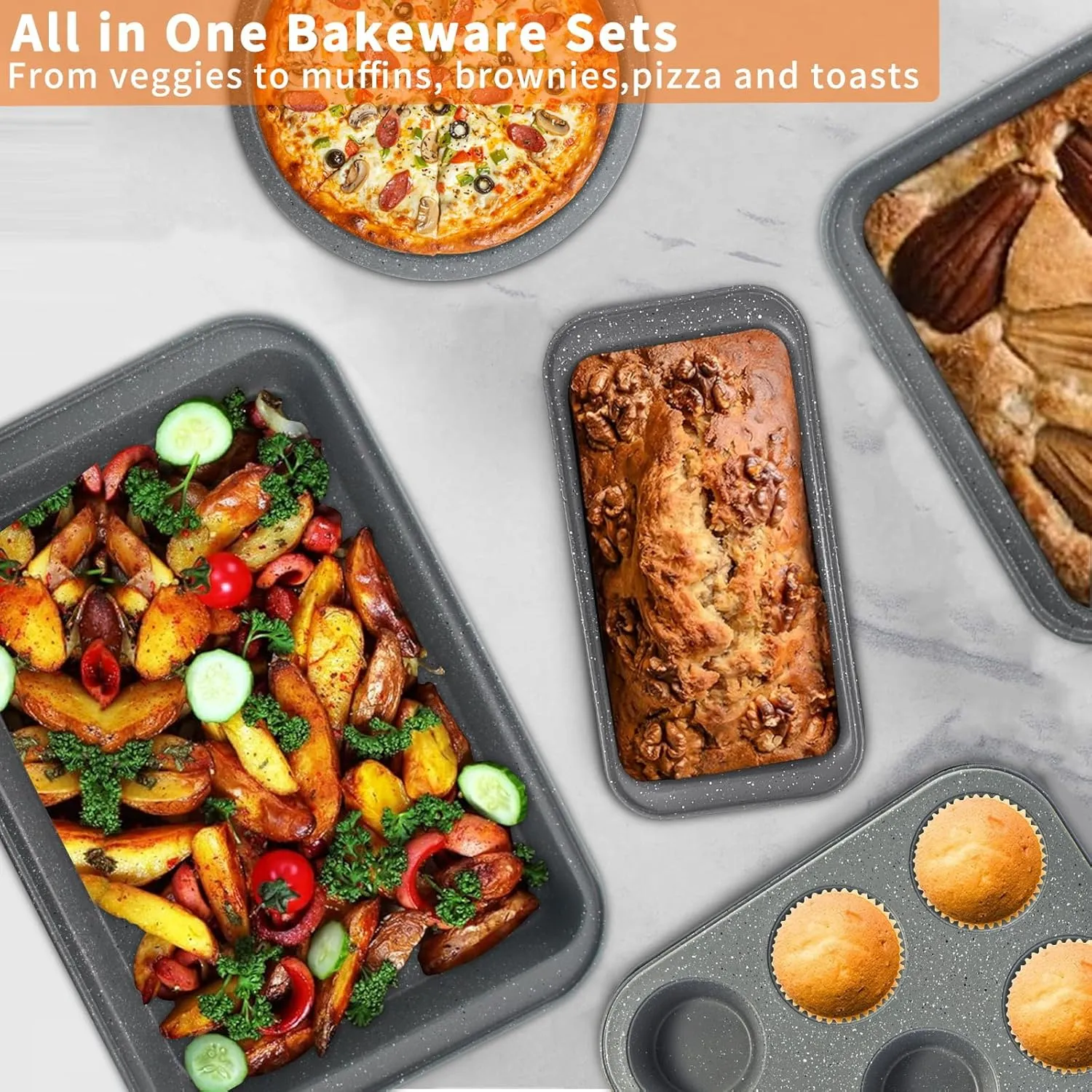 Bakeware Sets Stackable for Toaster Oven, 6 Piece Baking Pans Set Marble Coating Holiday Gifts for Kitchen, Sprinkles Gray