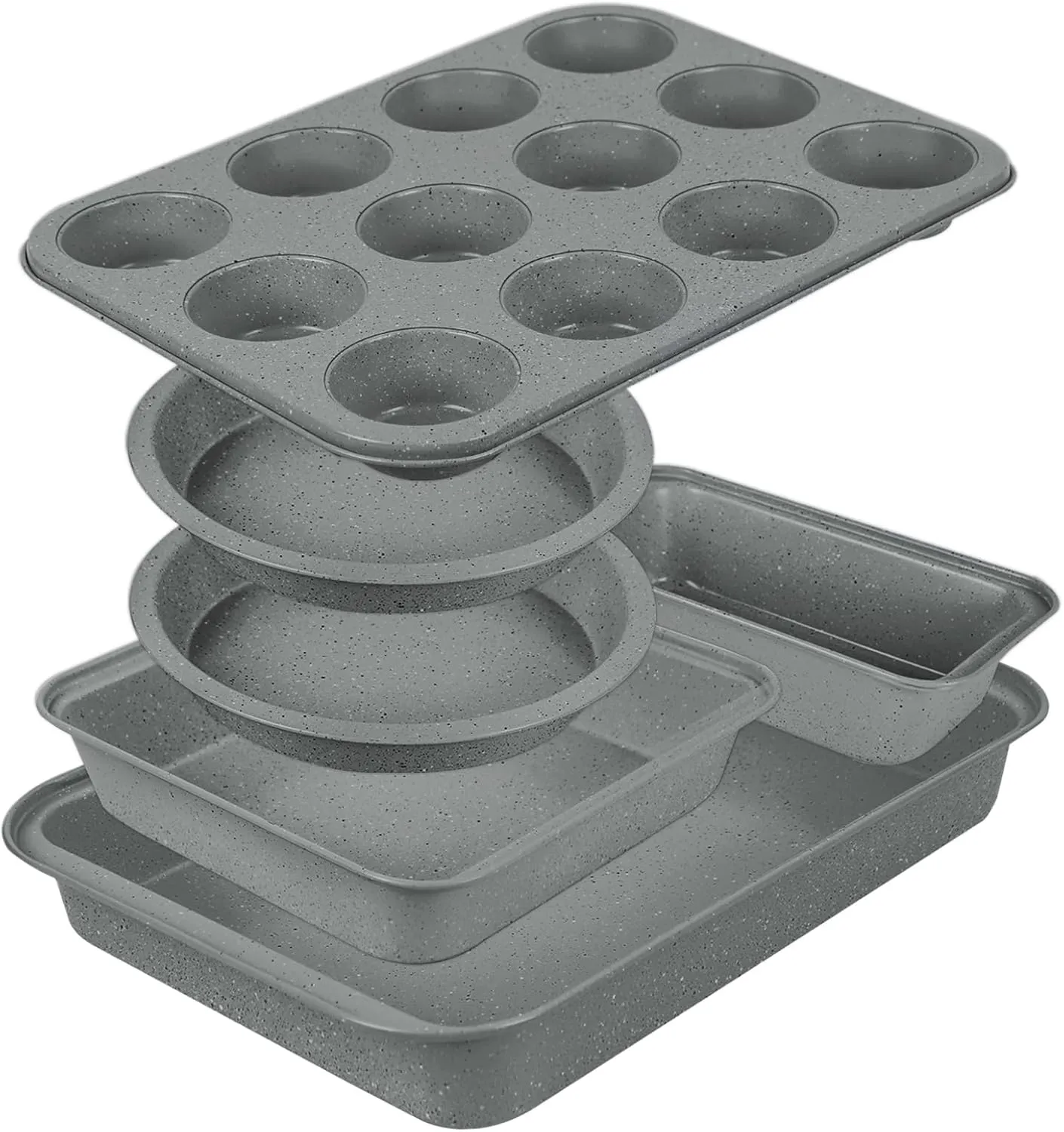 Bakeware Sets Stackable for Toaster Oven, 6 Piece Baking Pans Set Marble Coating Holiday Gifts for Kitchen, Sprinkles Gray