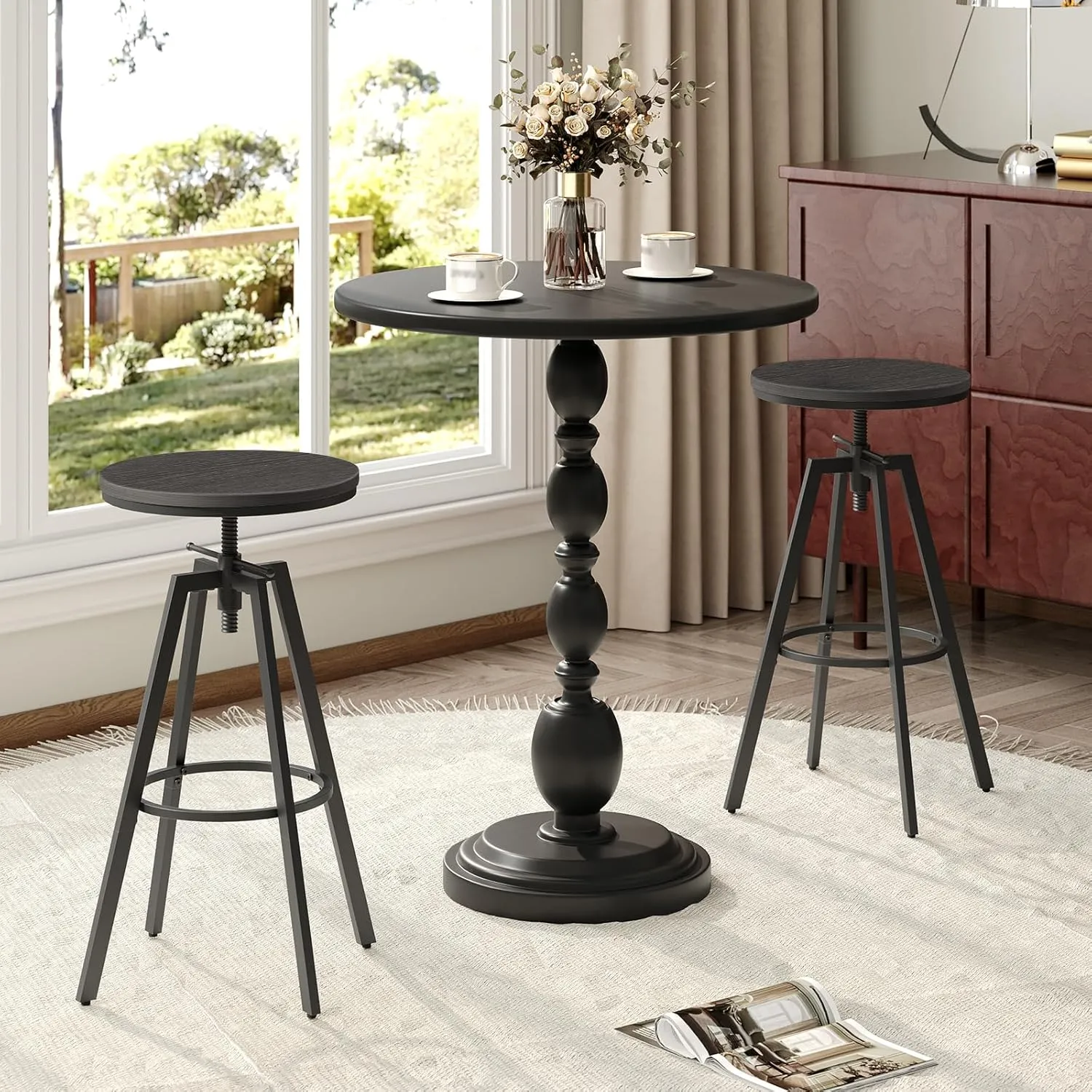 Bar Stools, Round Bar Chairs with Sturdy Metal Frame, Set of 2 Industrial Bar Stools, Height Adjustable, Kitchen Breakfast Stools, for Bar, Dining Room, Black BAHB0701