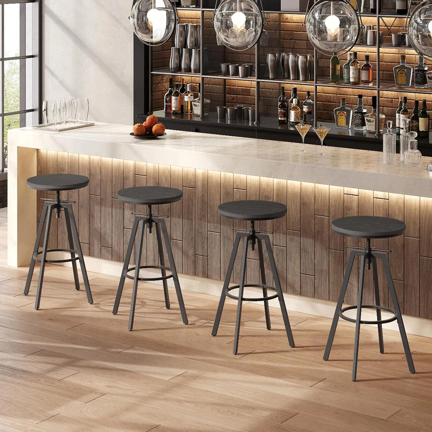 Bar Stools, Round Bar Chairs with Sturdy Metal Frame, Set of 2 Industrial Bar Stools, Height Adjustable, Kitchen Breakfast Stools, for Bar, Dining Room, Black BAHB0701