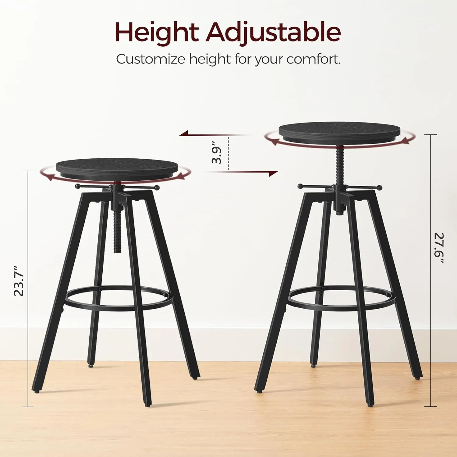Bar Stools, Round Bar Chairs with Sturdy Metal Frame, Set of 2 Industrial Bar Stools, Height Adjustable, Kitchen Breakfast Stools, for Bar, Dining Room, Black BAHB0701