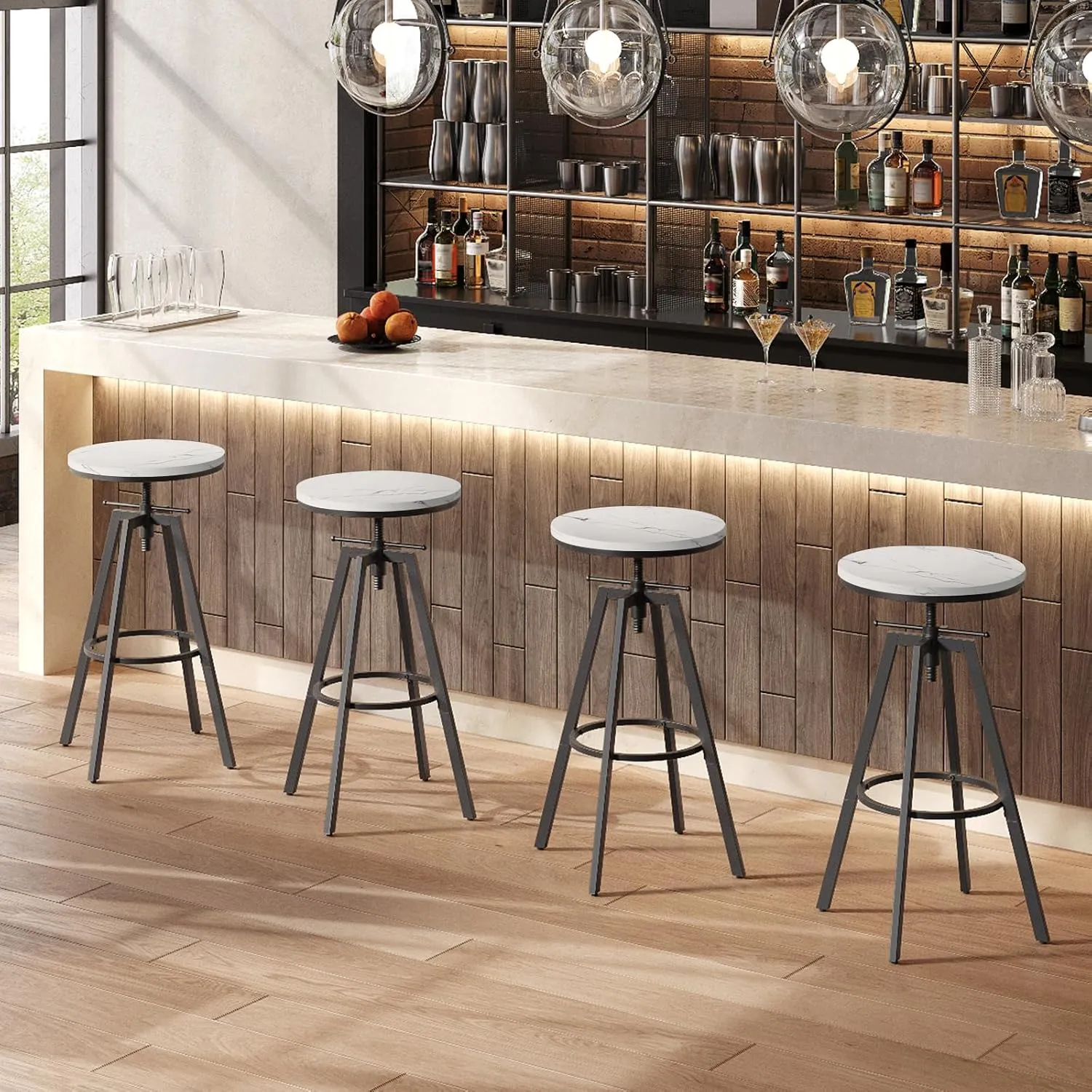 Bar Stools, Round Bar Chairs with Sturdy Metal Frame, Set of 2 Industrial Bar Stools, Height Adjustable, Kitchen Breakfast Stools, for Bar, Dining Room, Marble and Black BAHM0701