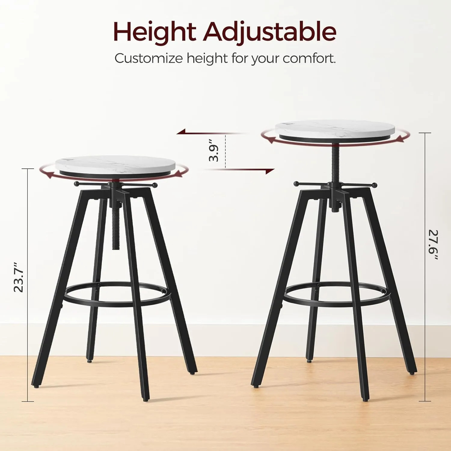 Bar Stools, Round Bar Chairs with Sturdy Metal Frame, Set of 2 Industrial Bar Stools, Height Adjustable, Kitchen Breakfast Stools, for Bar, Dining Room, Marble and Black BAHM0701