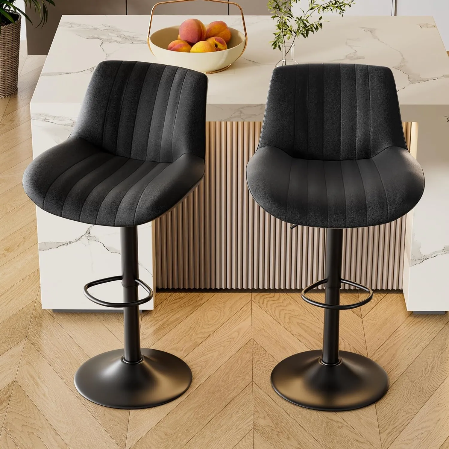 Bar Stools Set of 2,Adjustable Swivel Upholstered Counter Height Barstools with Back and Footrest,Stool Chair for Kitchen Counter Island Dining Room,Black