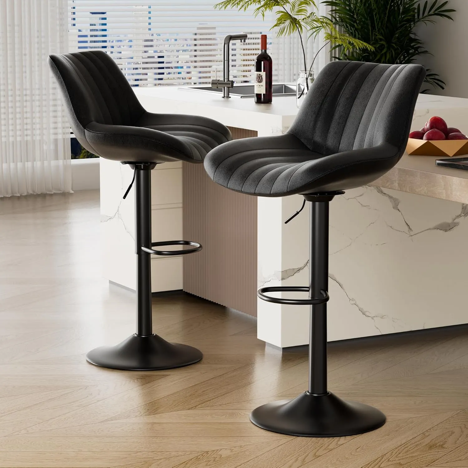 Bar Stools Set of 2,Adjustable Swivel Upholstered Counter Height Barstools with Back and Footrest,Stool Chair for Kitchen Counter Island Dining Room,Black