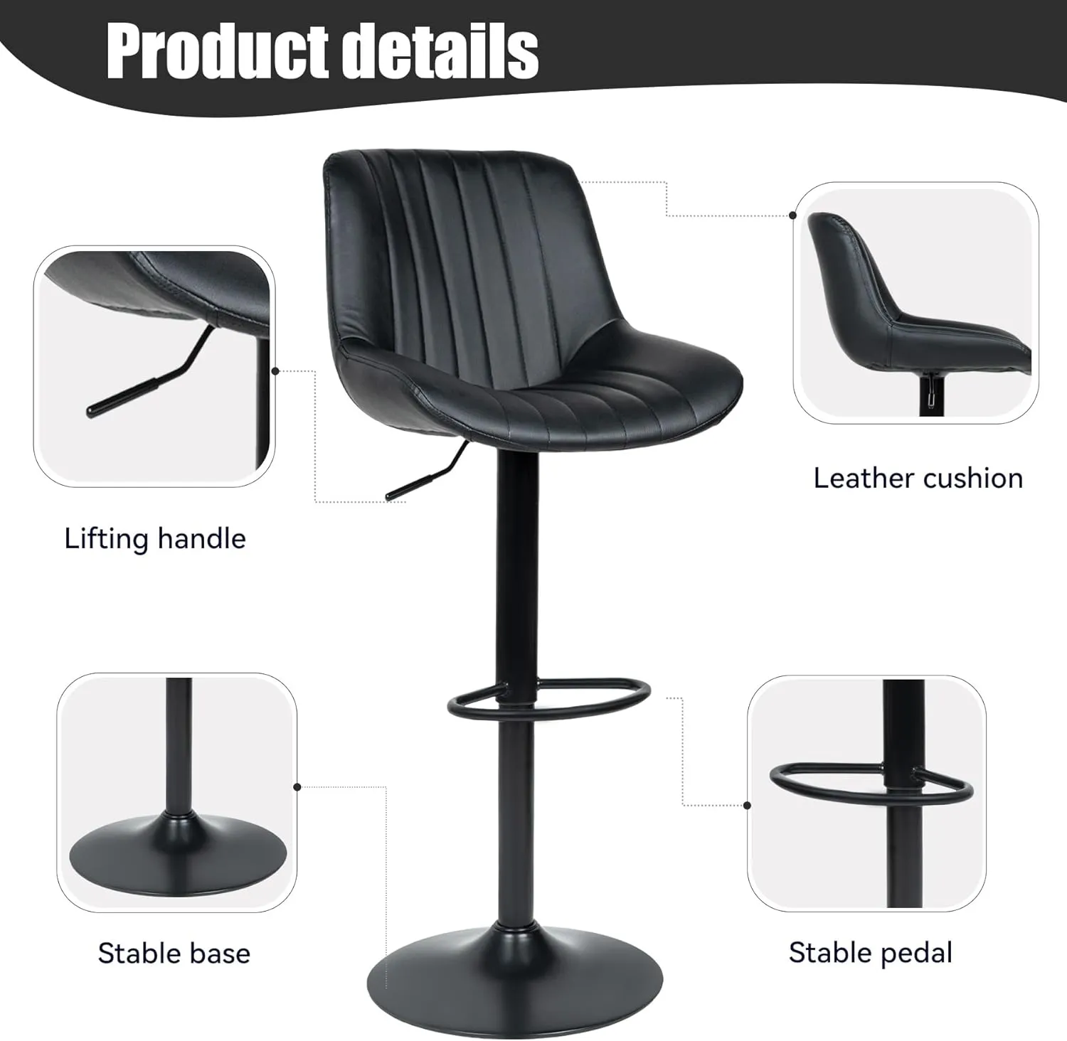 Bar Stools Set of 2,Adjustable Swivel Upholstered Counter Height Barstools with Back and Footrest,Stool Chair for Kitchen Counter Island Dining Room,Black