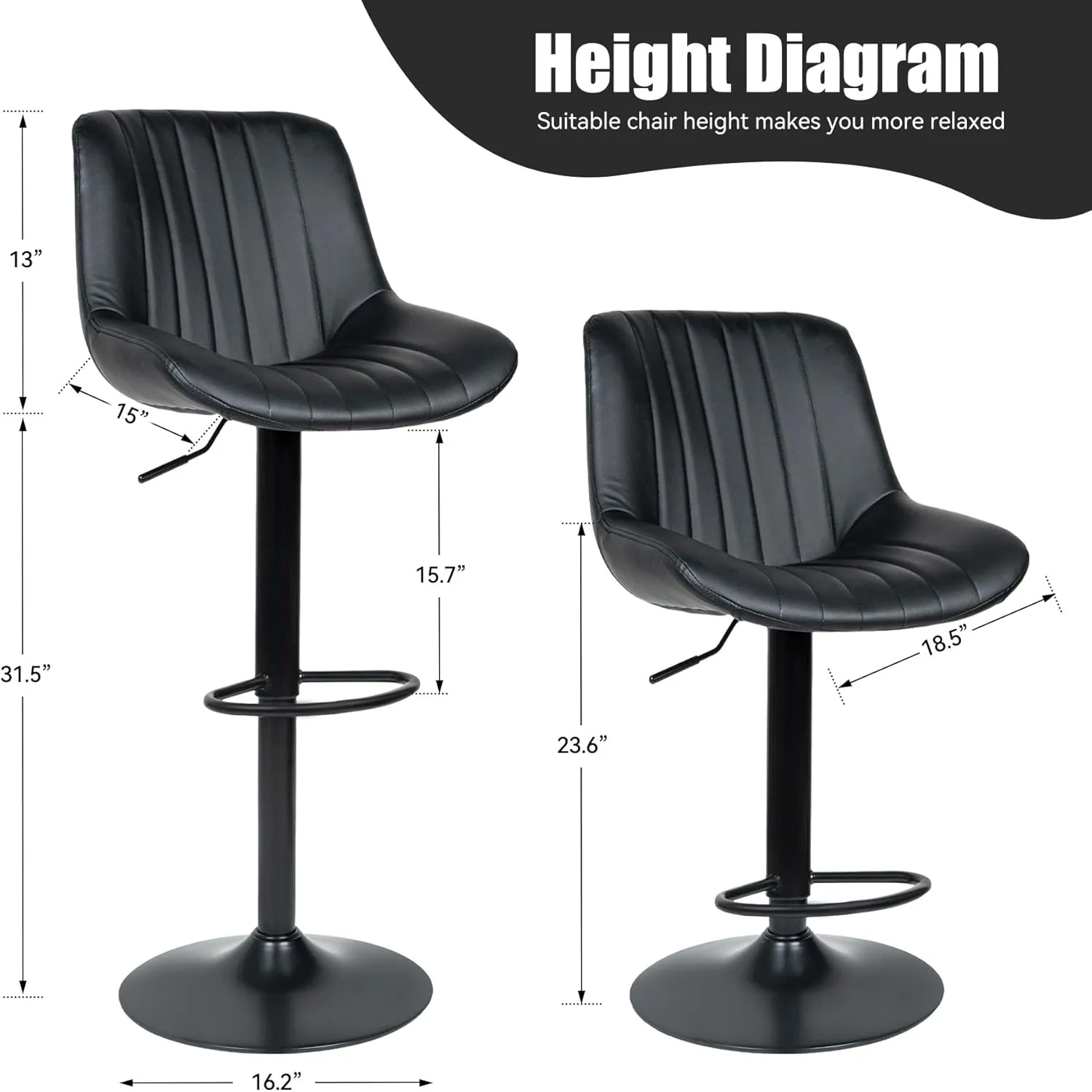 Bar Stools Set of 2,Adjustable Swivel Upholstered Counter Height Barstools with Back and Footrest,Stool Chair for Kitchen Counter Island Dining Room,Black