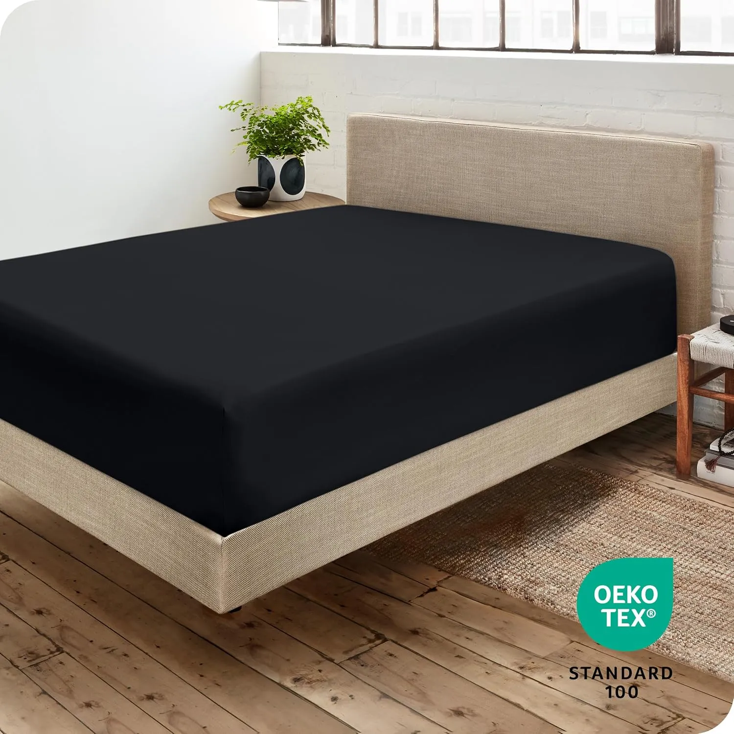Bare Home Fitted Bottom Sheet Queen - Premium 1800 Microfiber - Ultra-Soft Wrinkle Free - Deep Pocket - Fitted Sheet (Queen, Black)
