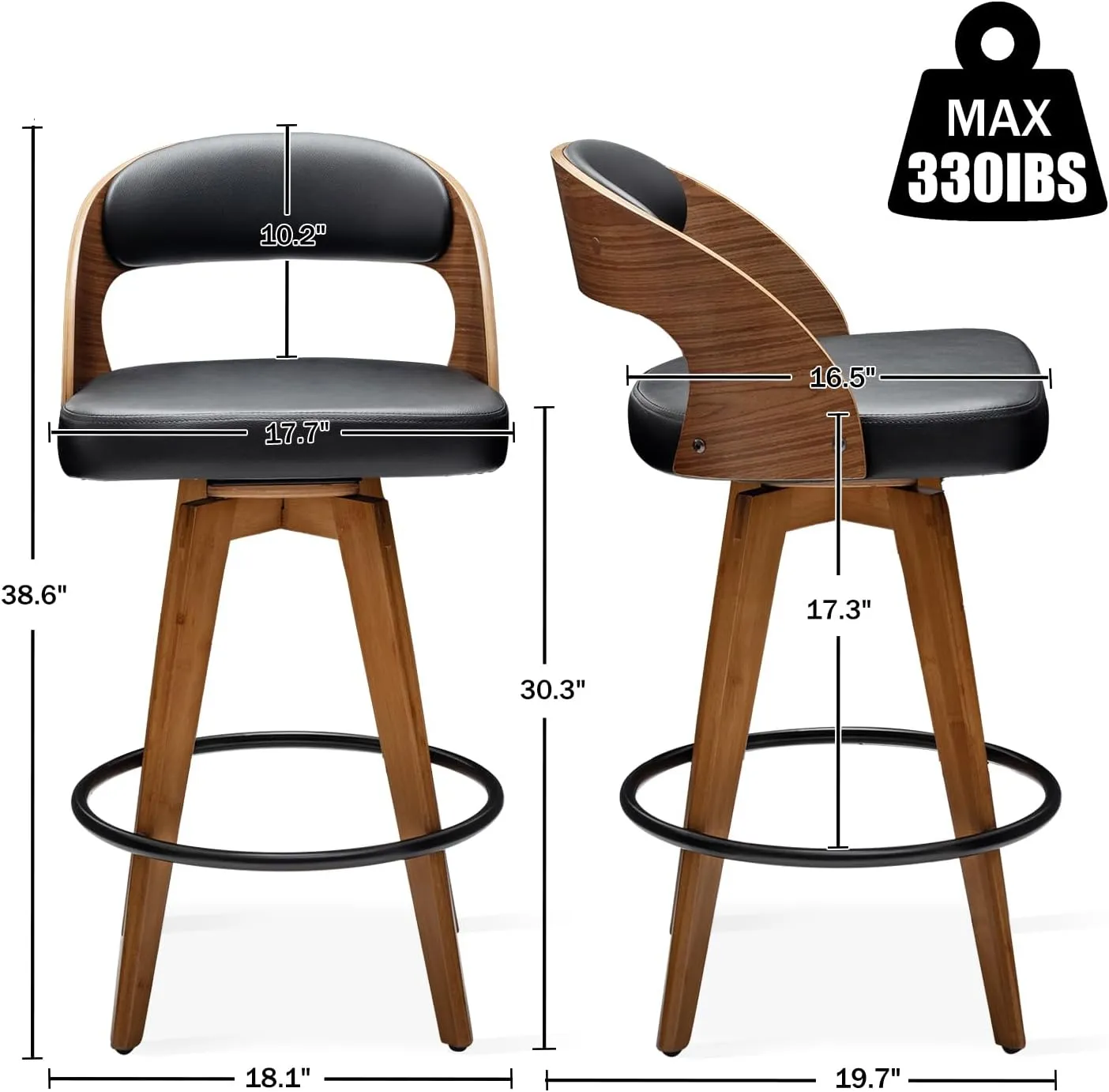 Barstools Set of 2,Counter Height Bar Stools for Kitchen Island,30.3 Inch Modern Upholstered Bar Chair, Swivel Counter Stools with Back and Wood Legs (Black-PU)