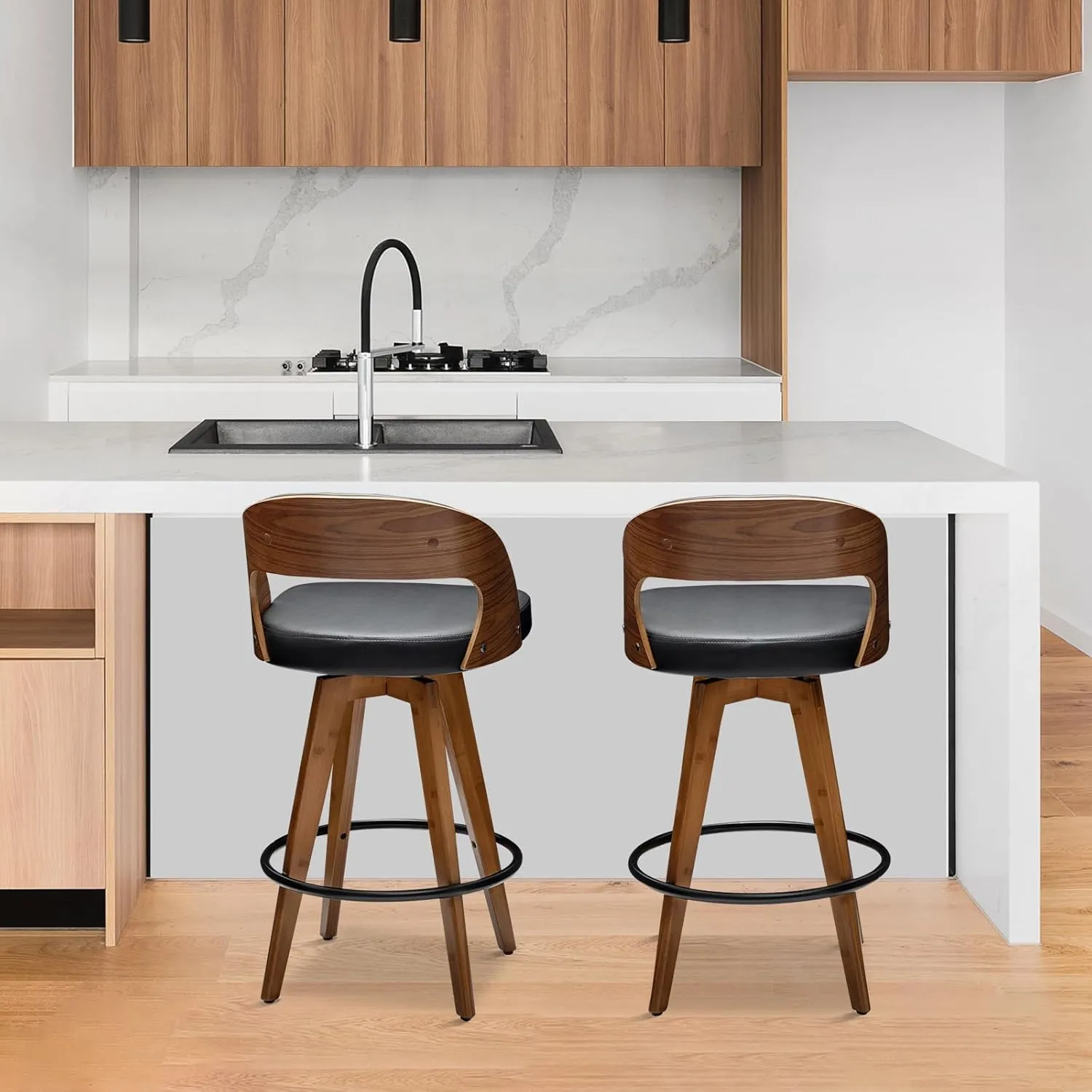 Barstools Set of 2,Counter Height Bar Stools for Kitchen Island,30.3 Inch Modern Upholstered Bar Chair, Swivel Counter Stools with Back and Wood Legs (Black-PU)