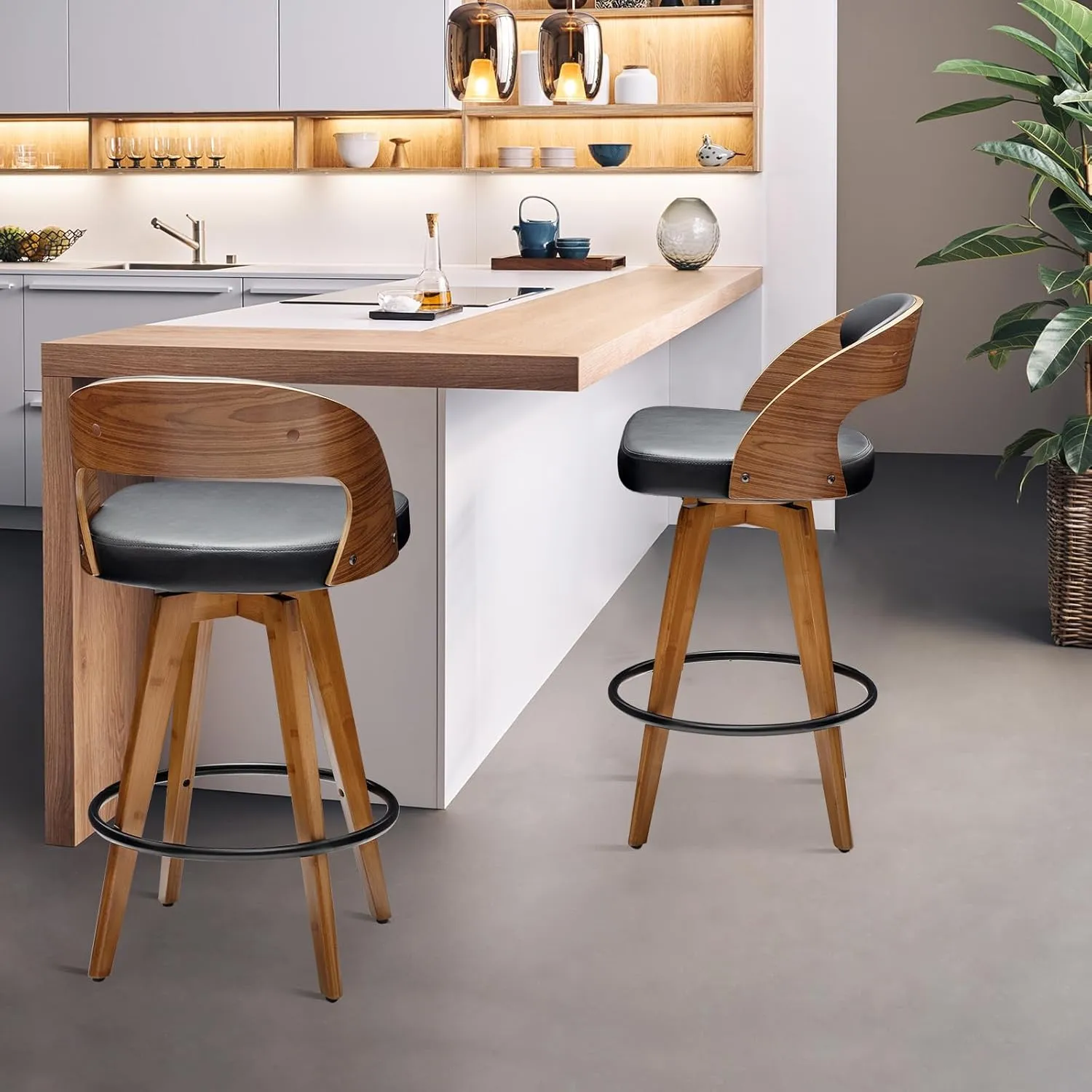 Barstools Set of 2,Counter Height Bar Stools for Kitchen Island,30.3 Inch Modern Upholstered Bar Chair, Swivel Counter Stools with Back and Wood Legs (Black-PU)