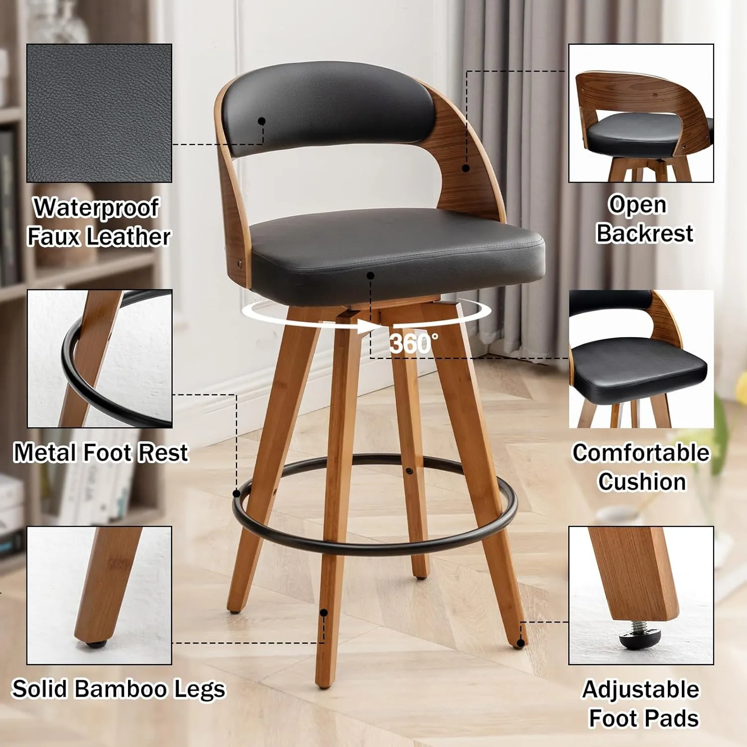 Barstools Set of 2,Counter Height Bar Stools for Kitchen Island,30.3 Inch Modern Upholstered Bar Chair, Swivel Counter Stools with Back and Wood Legs (Black-PU)