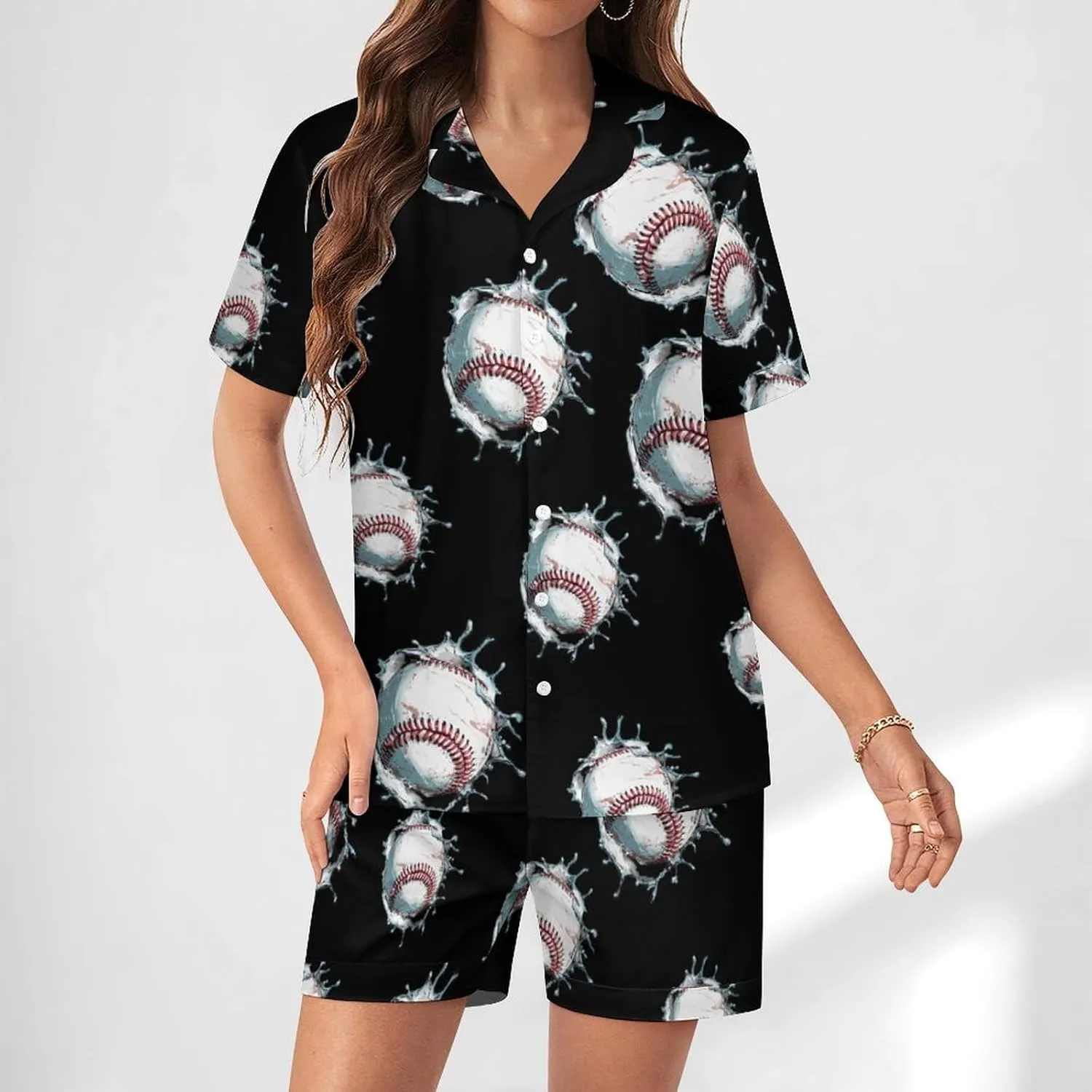 Baseball Print Women's Satin Pajama Set Short Sleeve Button Down Sleepwear Loungewear Pj Set