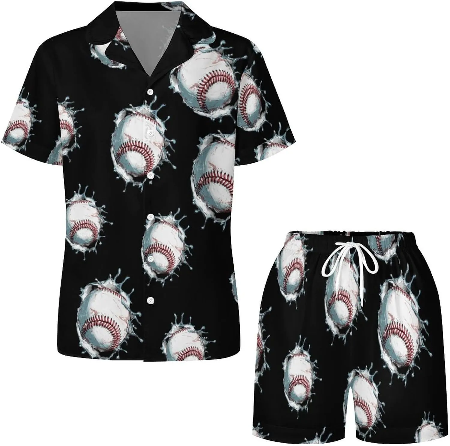 Baseball Print Women's Satin Pajama Set Short Sleeve Button Down Sleepwear Loungewear Pj Set