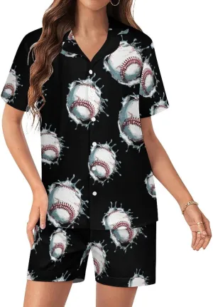 Baseball Print Women's Satin Pajama Set Short Sleeve Button Down Sleepwear Loungewear Pj Set