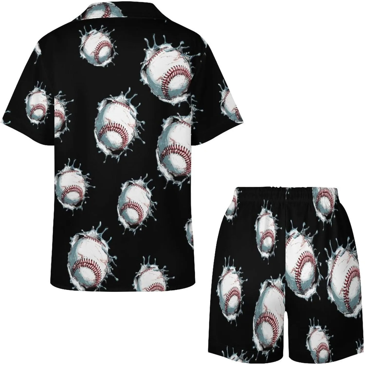 Baseball Print Women's Satin Pajama Set Short Sleeve Button Down Sleepwear Loungewear Pj Set