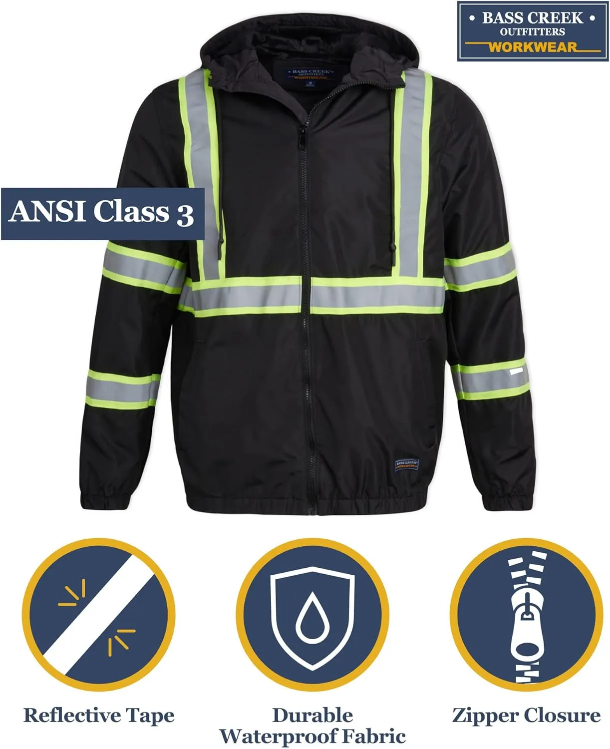 Bass Creek Outfitters Men's Hi Vis Jacket - ANSI Class 3 Safety Rain High Vis Waterproof Reflective Workwear (Sizes: M-XXL)