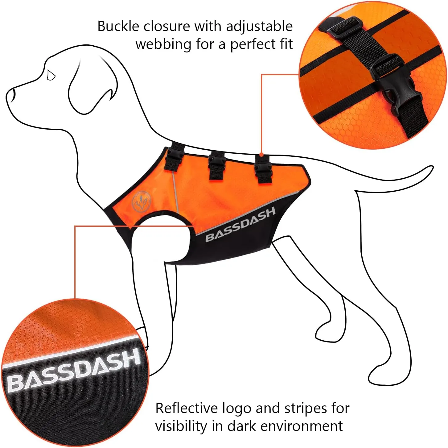 BASSDASH Dog Safety Vest Lightweight Water Resistant Chest Protection Blaze Orange Reflective High Visibility for Hunting Outdoor