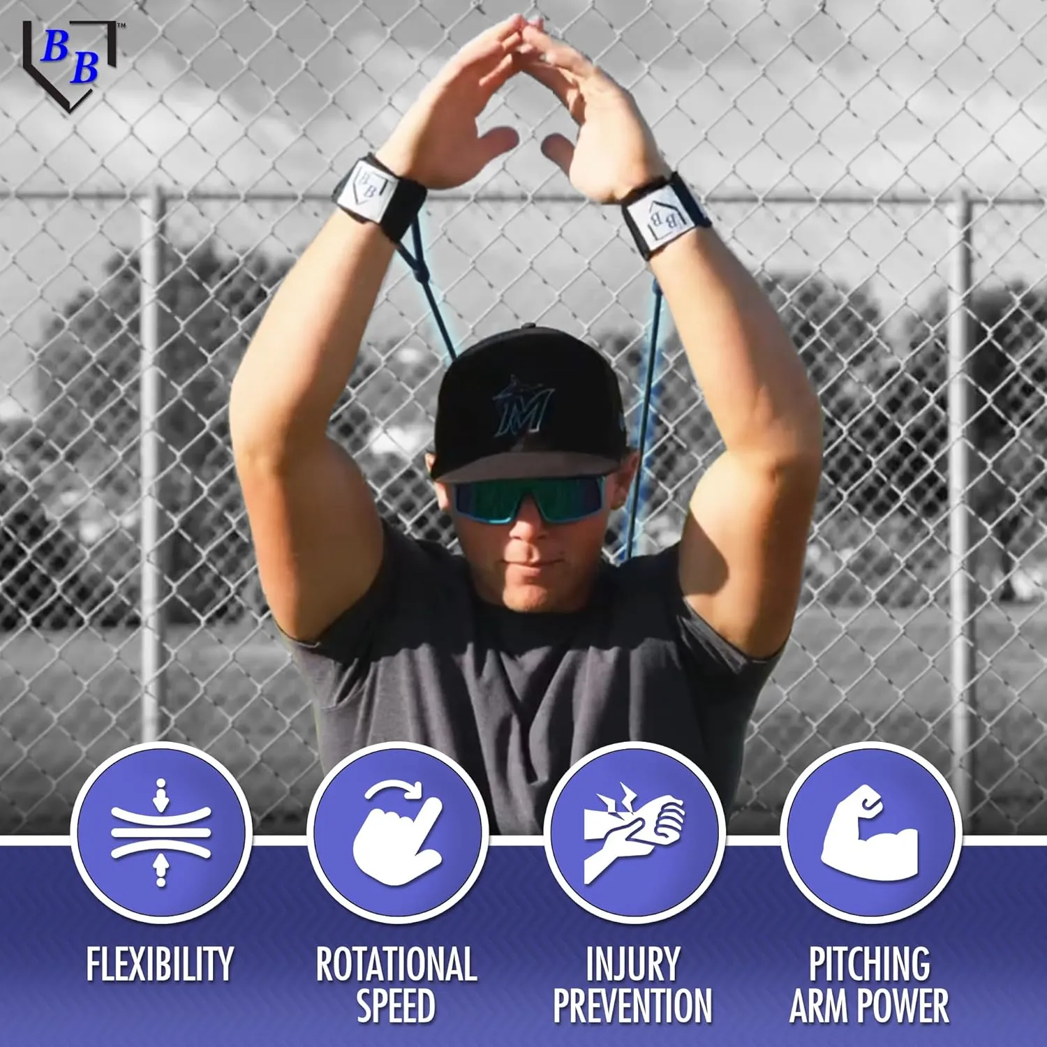BB Bands Baseball Softball Resistance Training Bands - Arm Strength, Pitching Conditioning Equipment, 3 Strengths (Youth, Adult, Heavy), 7 Colors, Includes Anchor Strap, Door Mount, Bag, Workout Guide