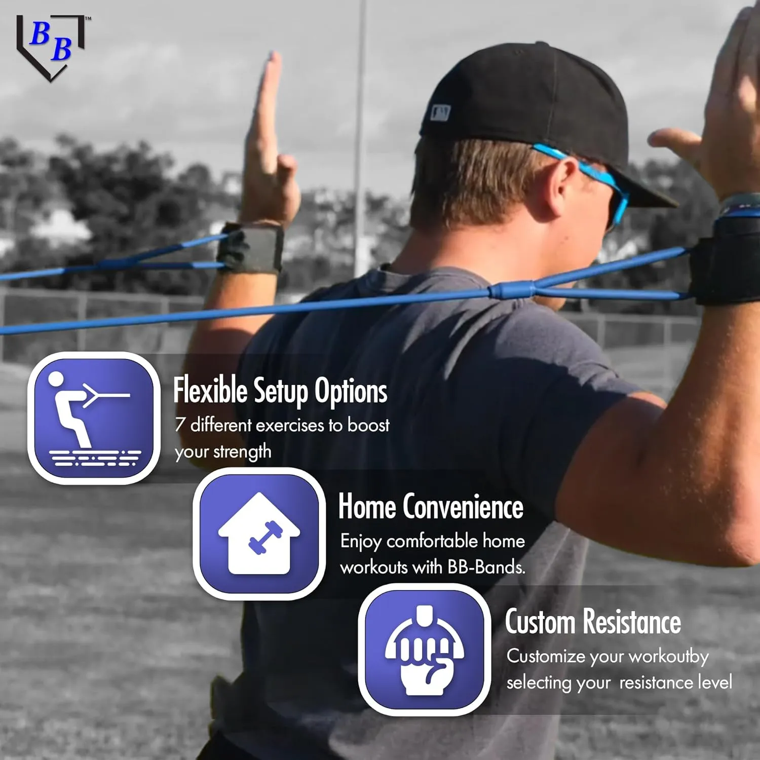 BB Bands Baseball Softball Resistance Training Bands - Arm Strength, Pitching Conditioning Equipment, 3 Strengths (Youth, Adult, Heavy), 7 Colors, Includes Anchor Strap, Door Mount, Bag, Workout Guide
