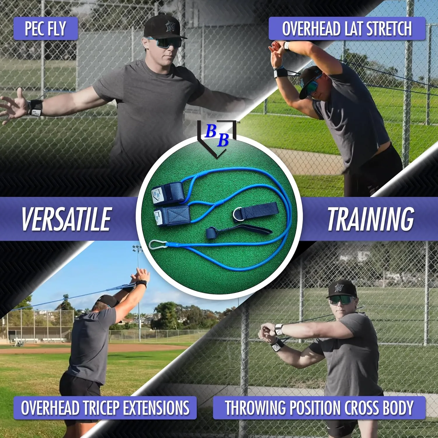 BB Bands Baseball Softball Resistance Training Bands - Arm Strength, Pitching Conditioning Equipment, 3 Strengths (Youth, Adult, Heavy), 7 Colors, Includes Anchor Strap, Door Mount, Bag, Workout Guide