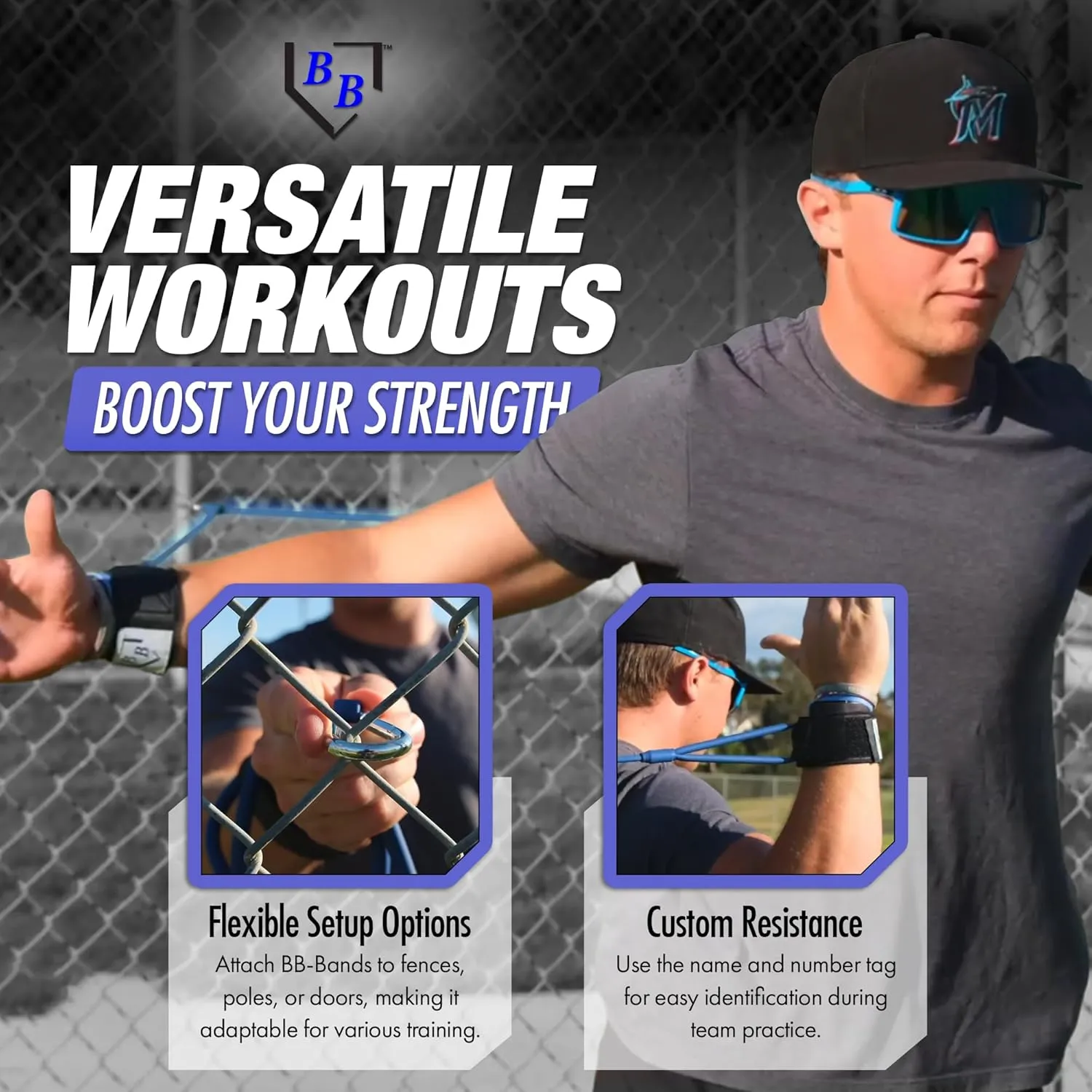 BB Bands Baseball Softball Resistance Training Bands - Arm Strength, Pitching Conditioning Equipment, 3 Strengths (Youth, Adult, Heavy), 7 Colors, Includes Anchor Strap, Door Mount, Bag, Workout Guide